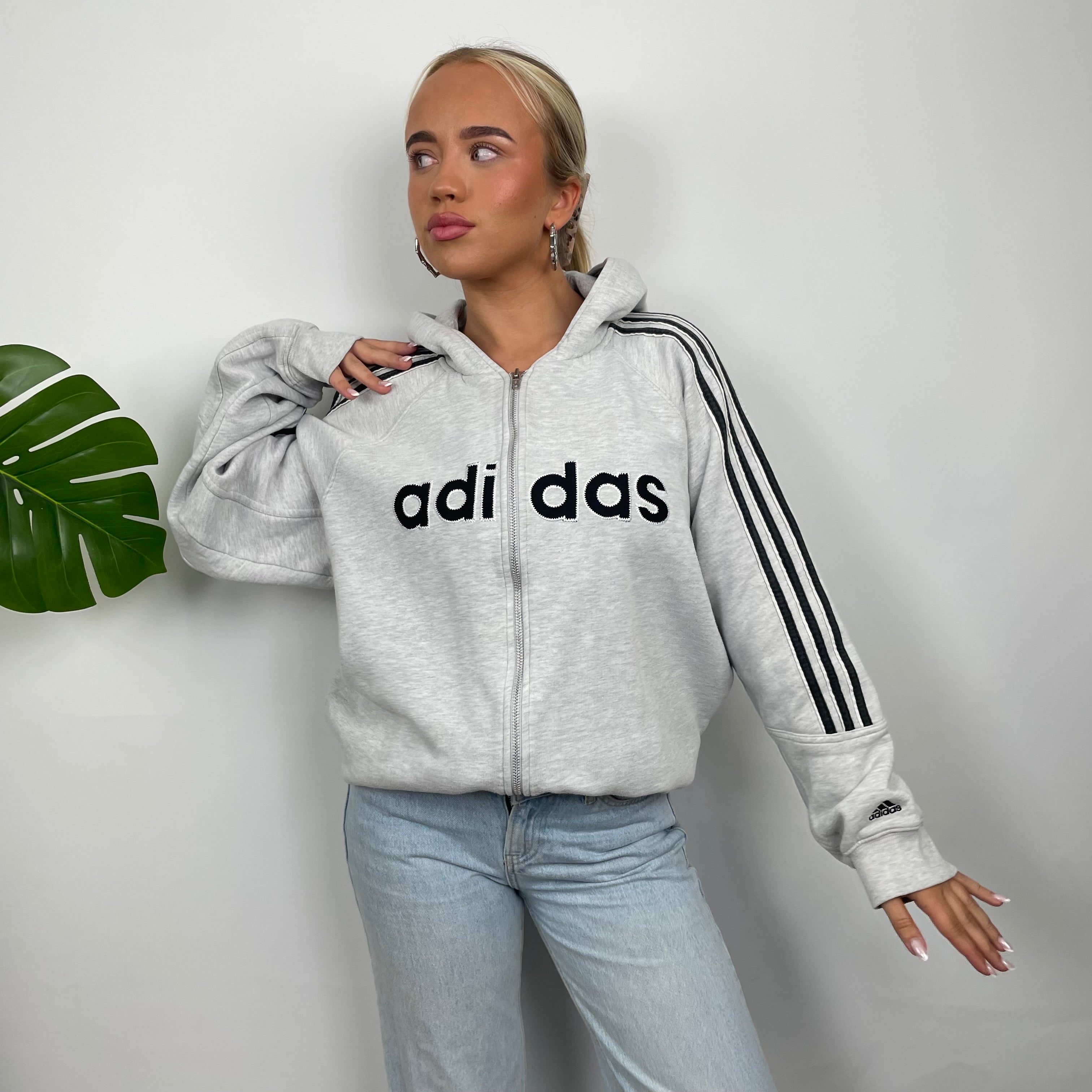 Adidas Grey Embroidered Spell Out Zip Up Hoodie Jacket (M)