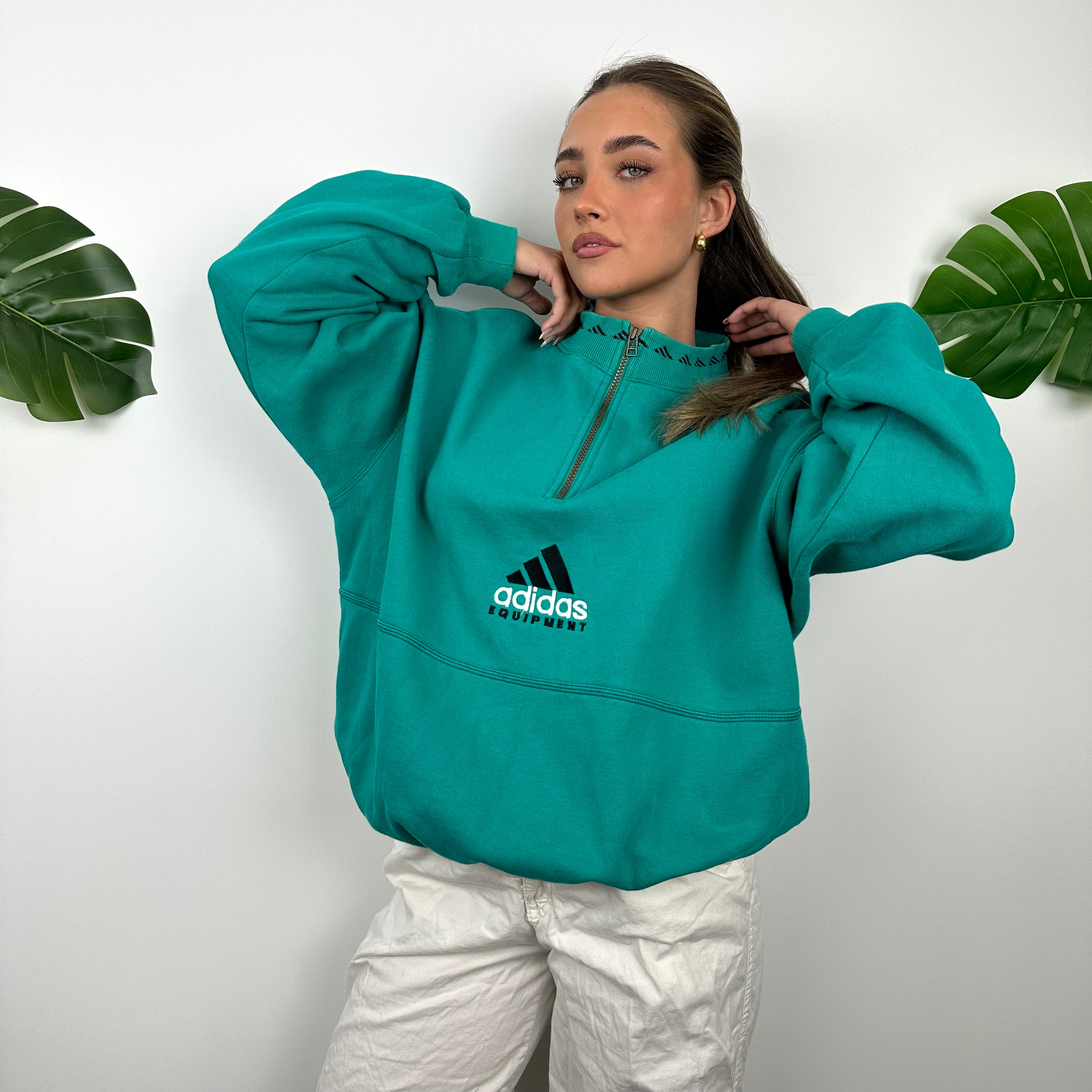 Adidas Equipment Turquoise Green Embroidered Spell Out Quarter Zip Sweatshirt (L)