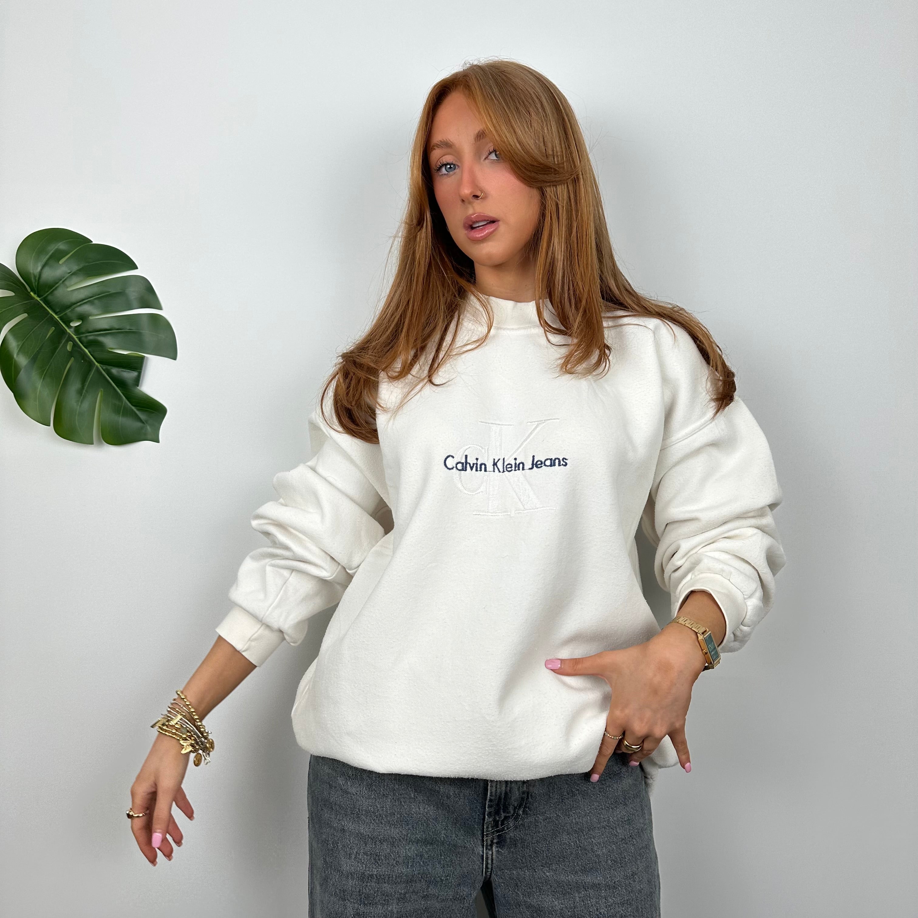 Calvin Klein RARE White Embroidered Spell Out Sweatshirt (XXL)