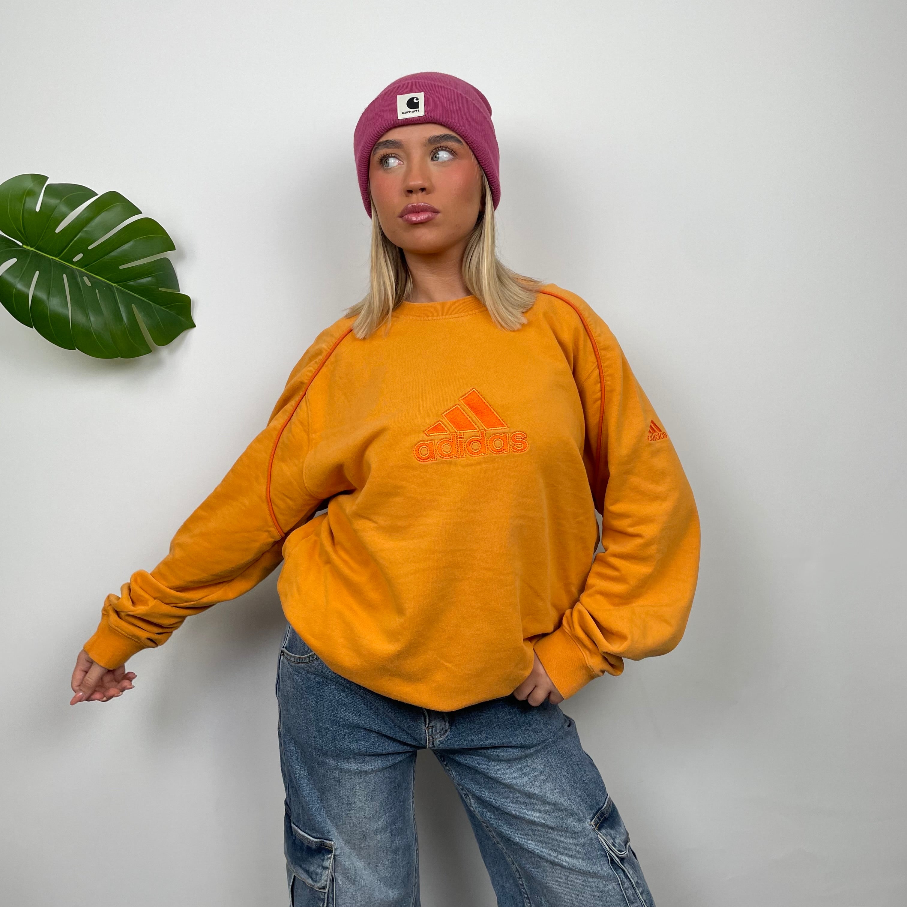 Adidas Orange Embroidered Spell Out Sweatshirt (L)