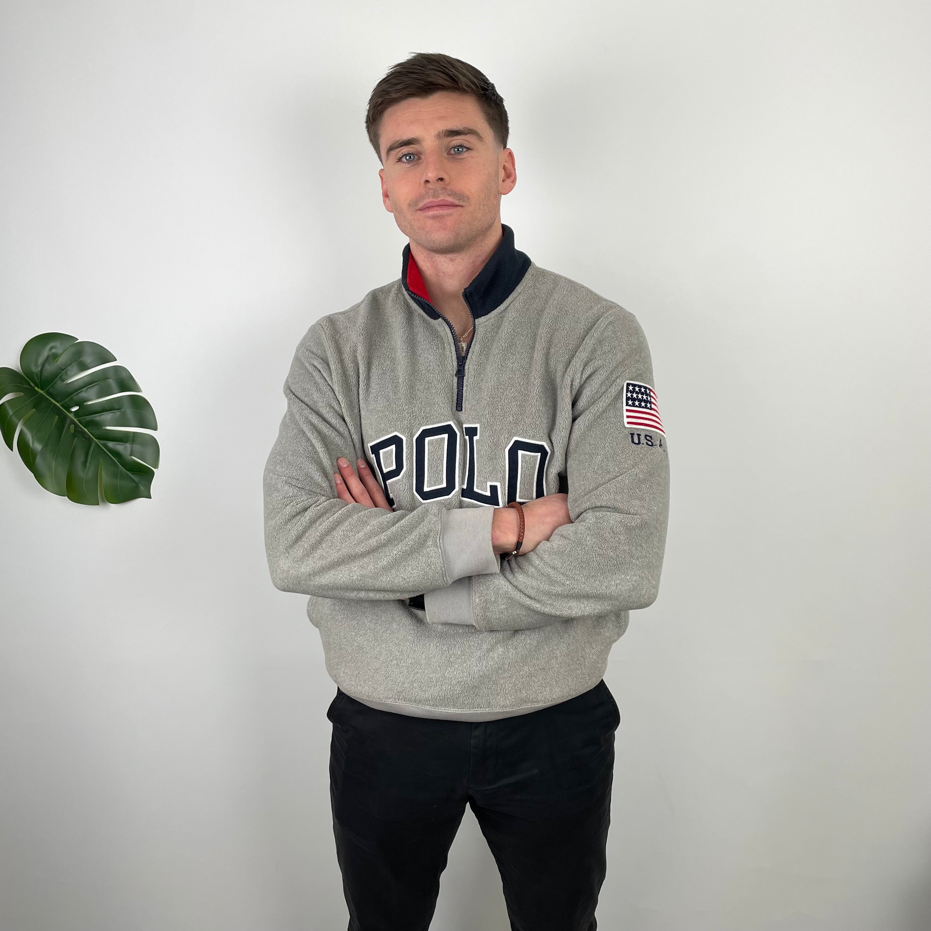 Polo Ralph Lauren Grey Embroidered Spell Out Fleece Quarter Zip (M)