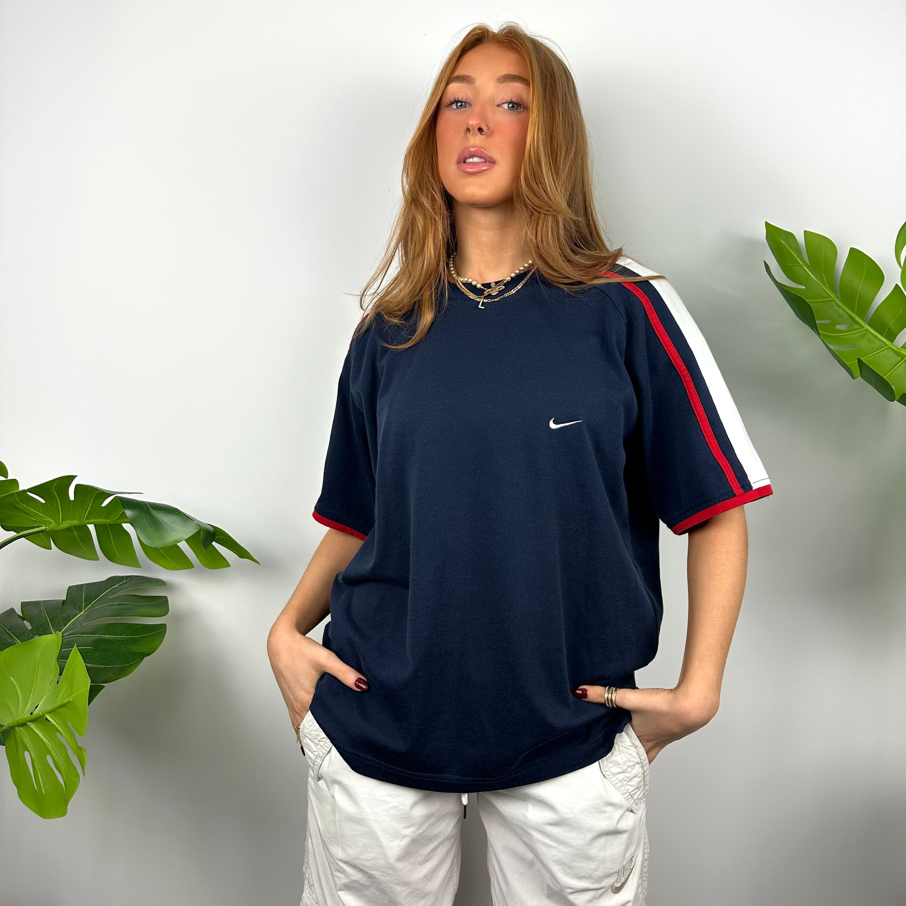 Nike Navy Embroidered Swoosh T Shirt (L)