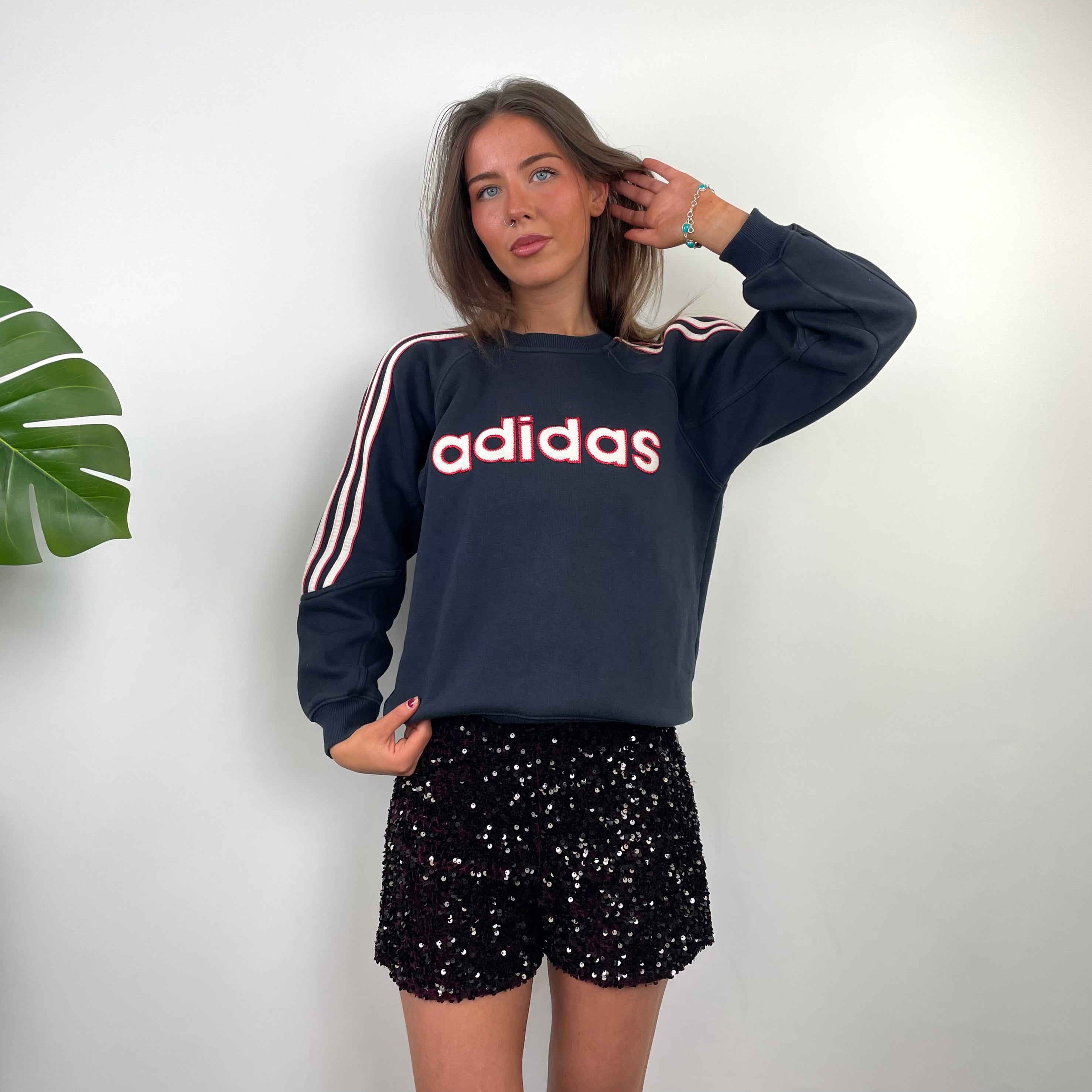 Adidas Navy Embroidered Spell Out Sweatshirt (XS)