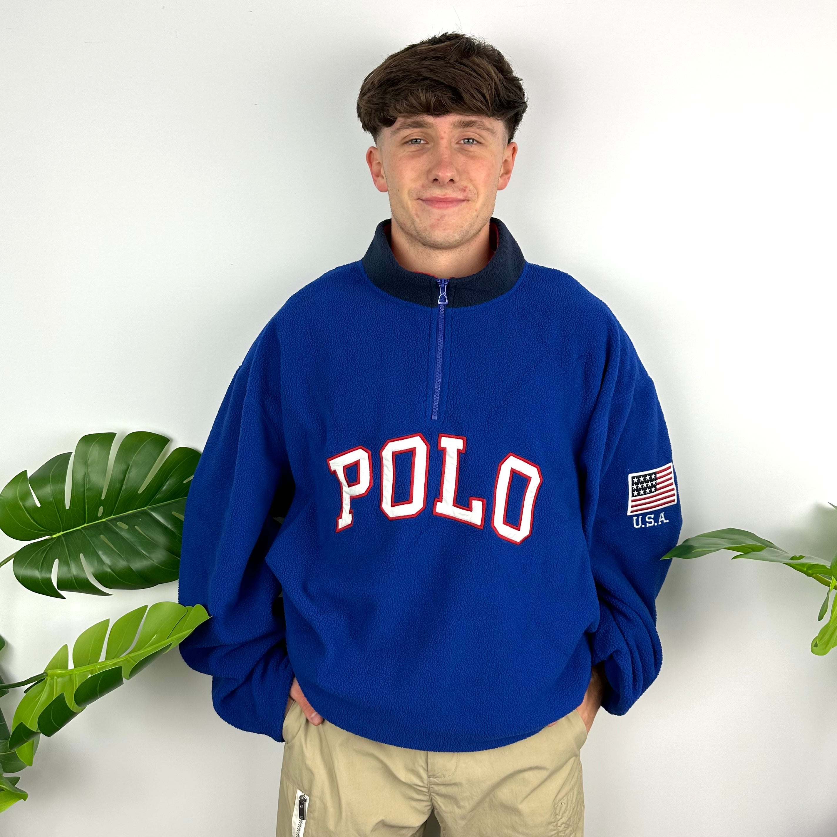 Polo Ralph Lauren Blue Embroidered Spell Out Teddy Bear Fleece Quarter Zip Sweatshirt (XXL)