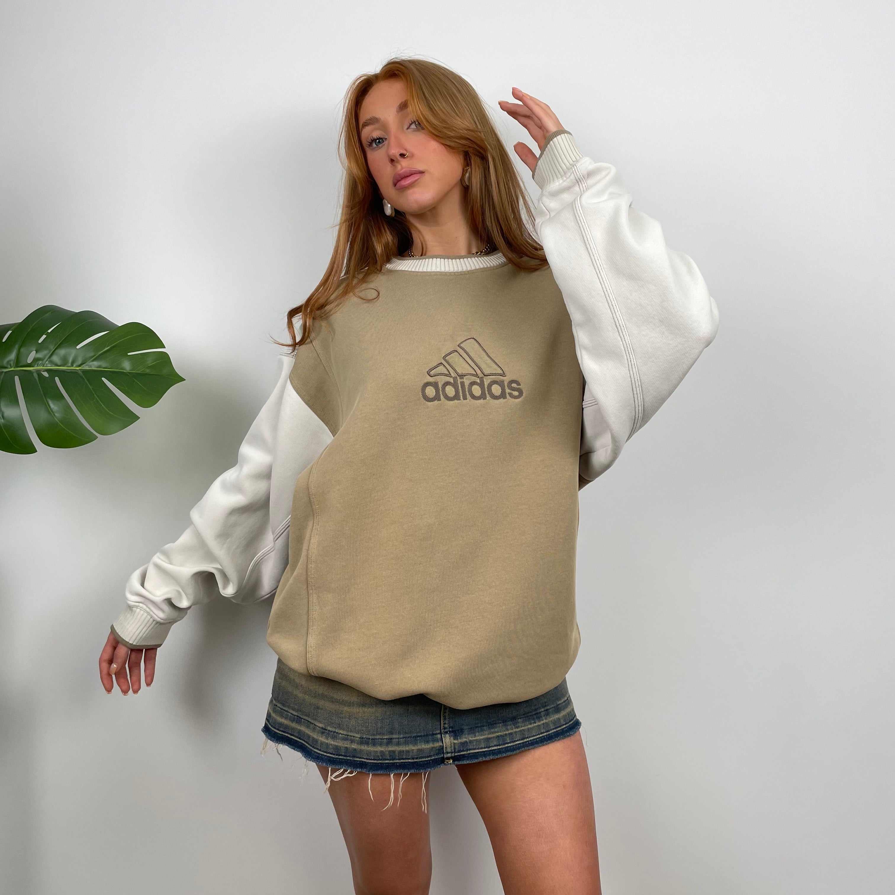 Adidas Cream and Tan Brown Embroidered Spell Out Sweatshirt (M)