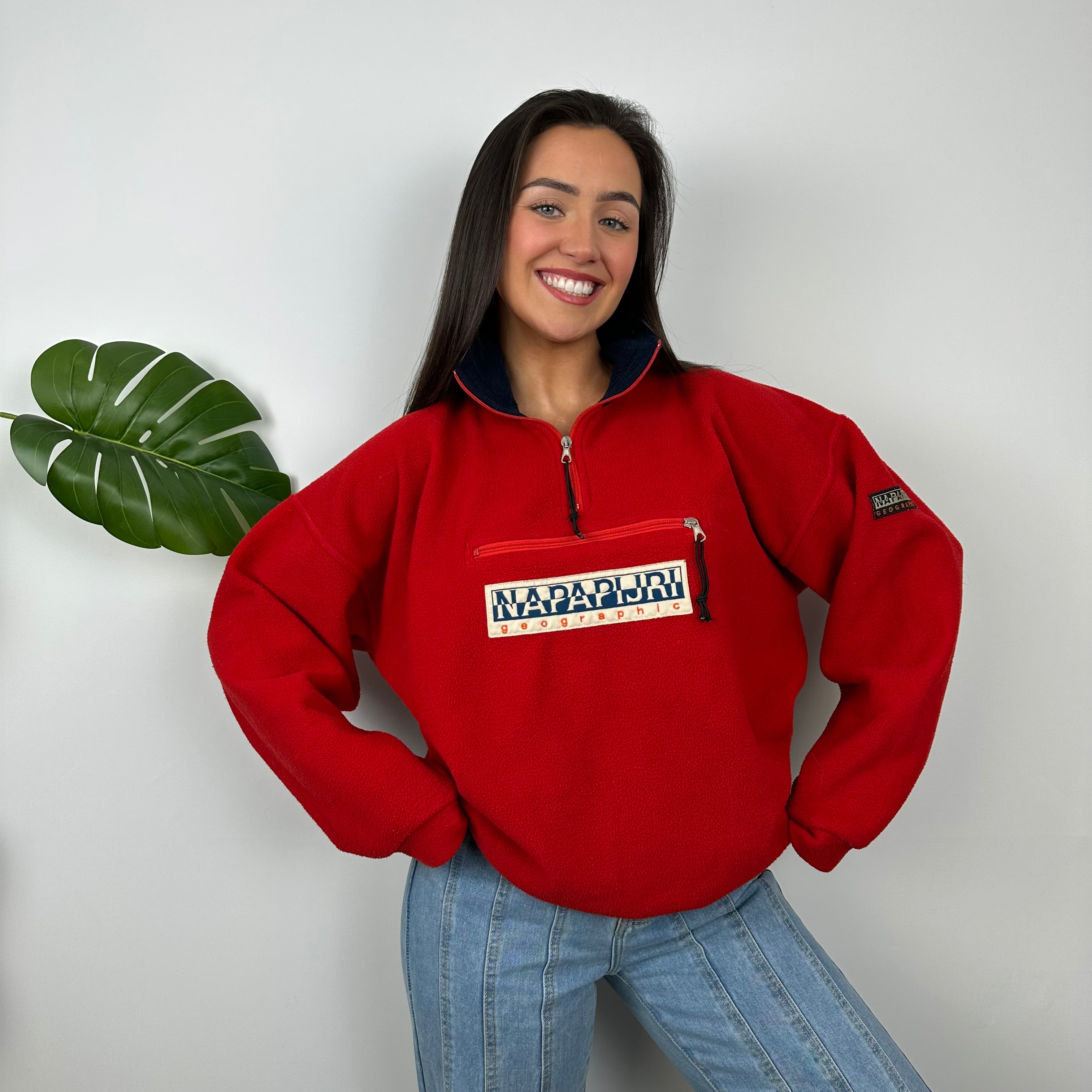 Napapijri Red Embroidered Spell Out Teddy Bear Fleece Quarter Zip (M)