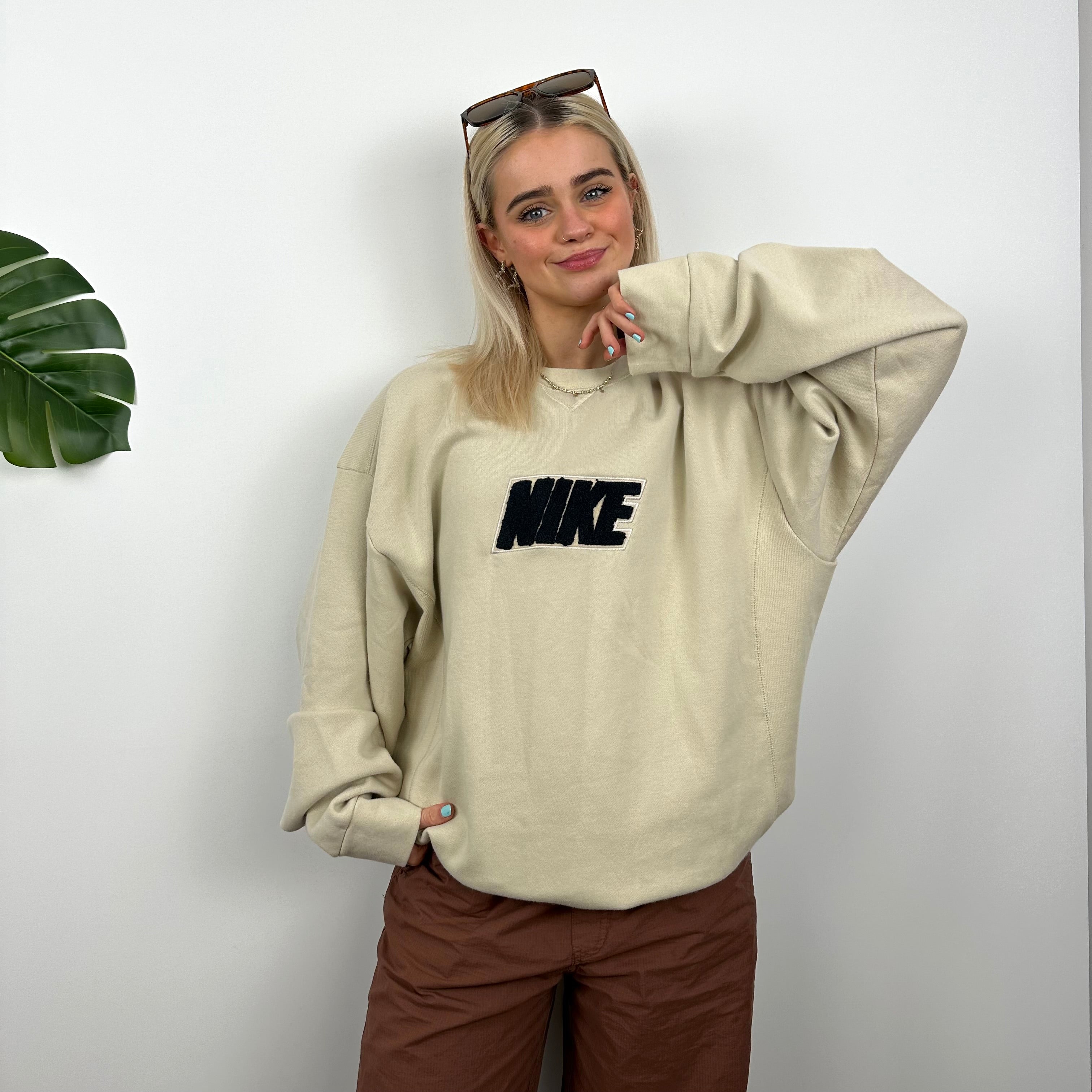 Nike Cream Embroidered Spell Out Sweatshirt (L)