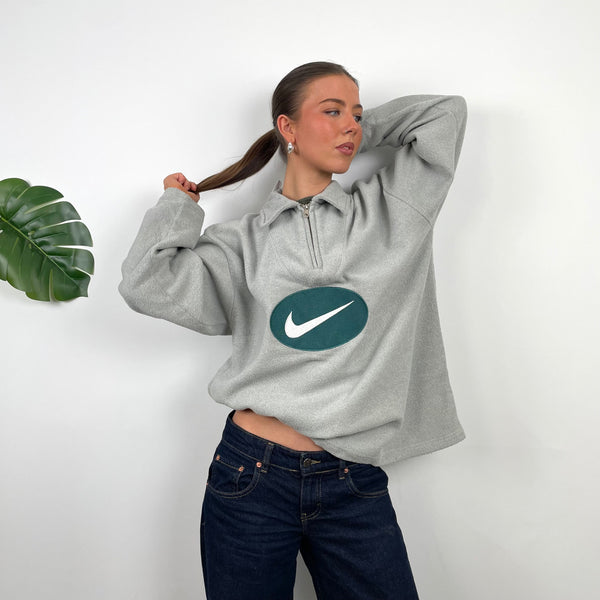 Nike Grey Embroidered Swoosh Teddy Bear Fleece Quarter Zip Sweatshirt (L)