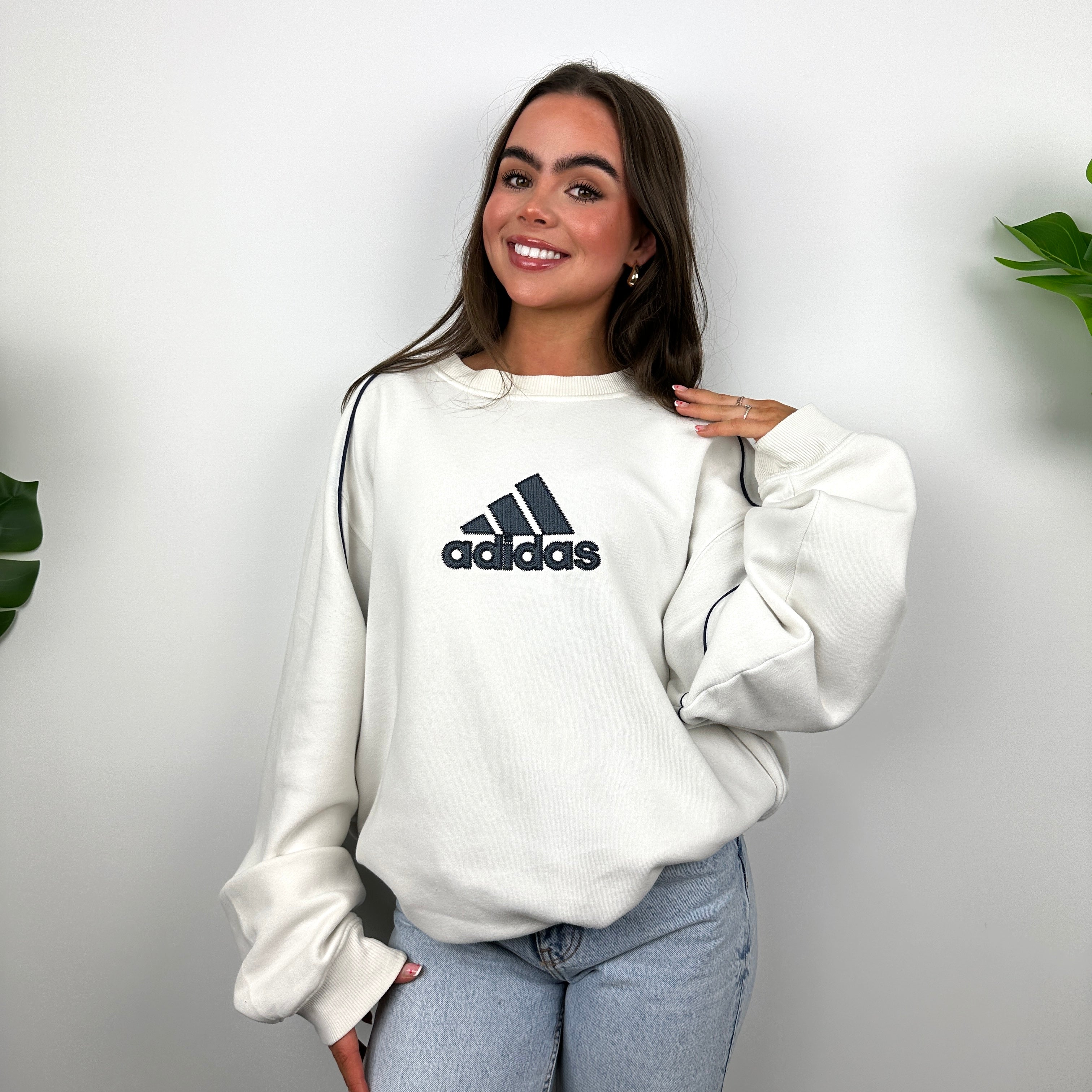 Adidas White Embroidered Spell Out Sweatshirt (L)