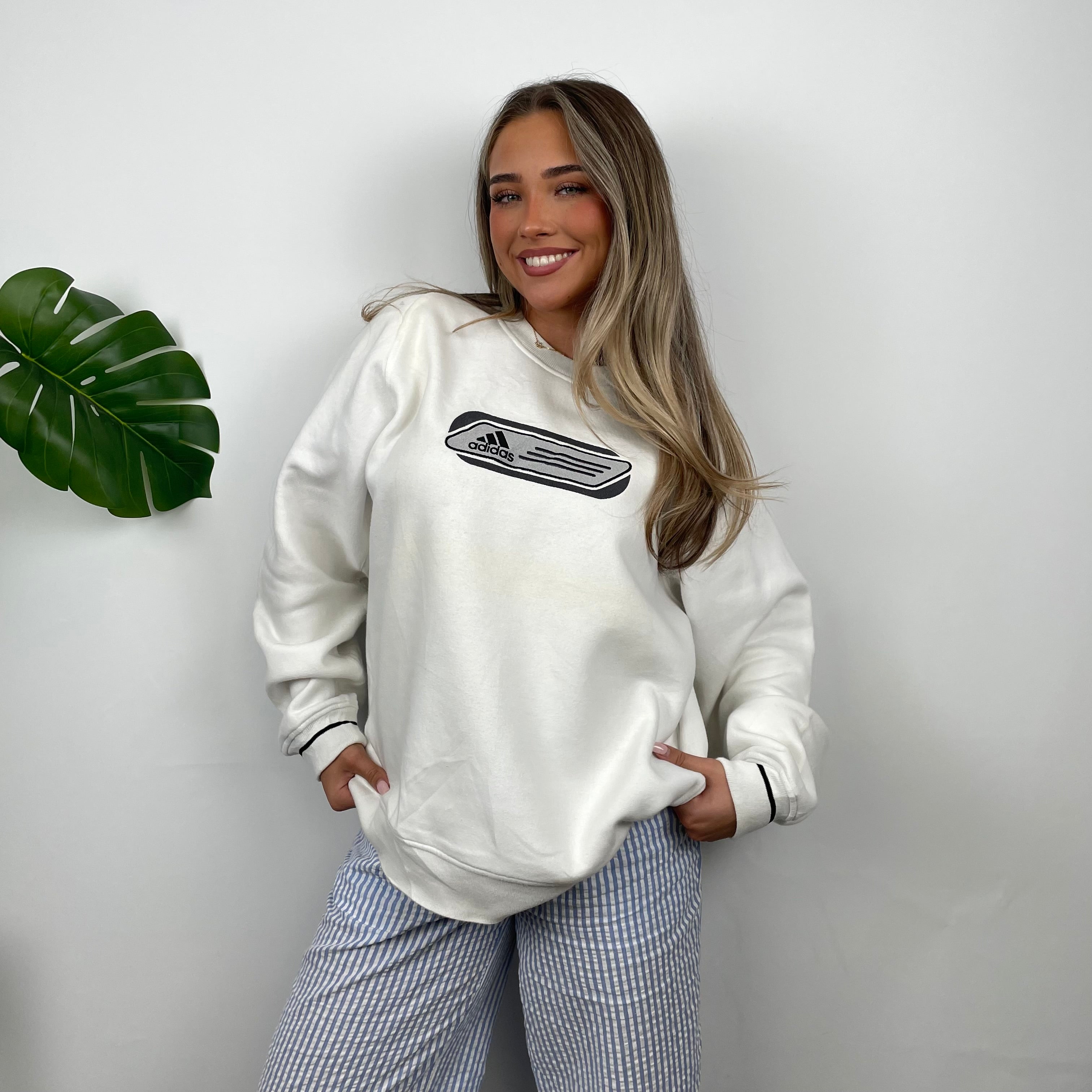 Adidas White Embroidered Spell Out Sweatshirt (M)