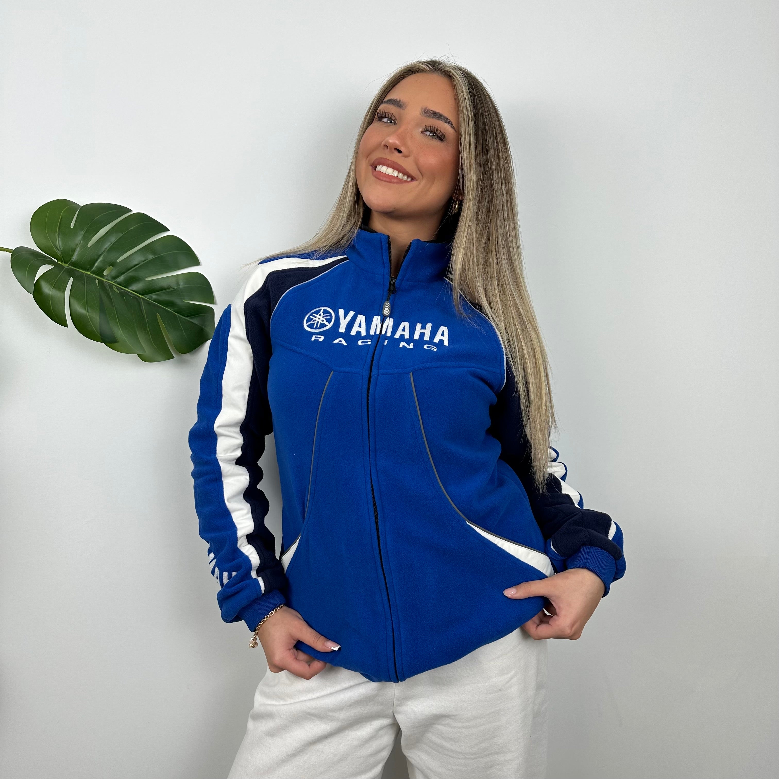 Yamaha Racing Team Blue Embroidered Spell Out Zip Up Hoodie Jacket (M)