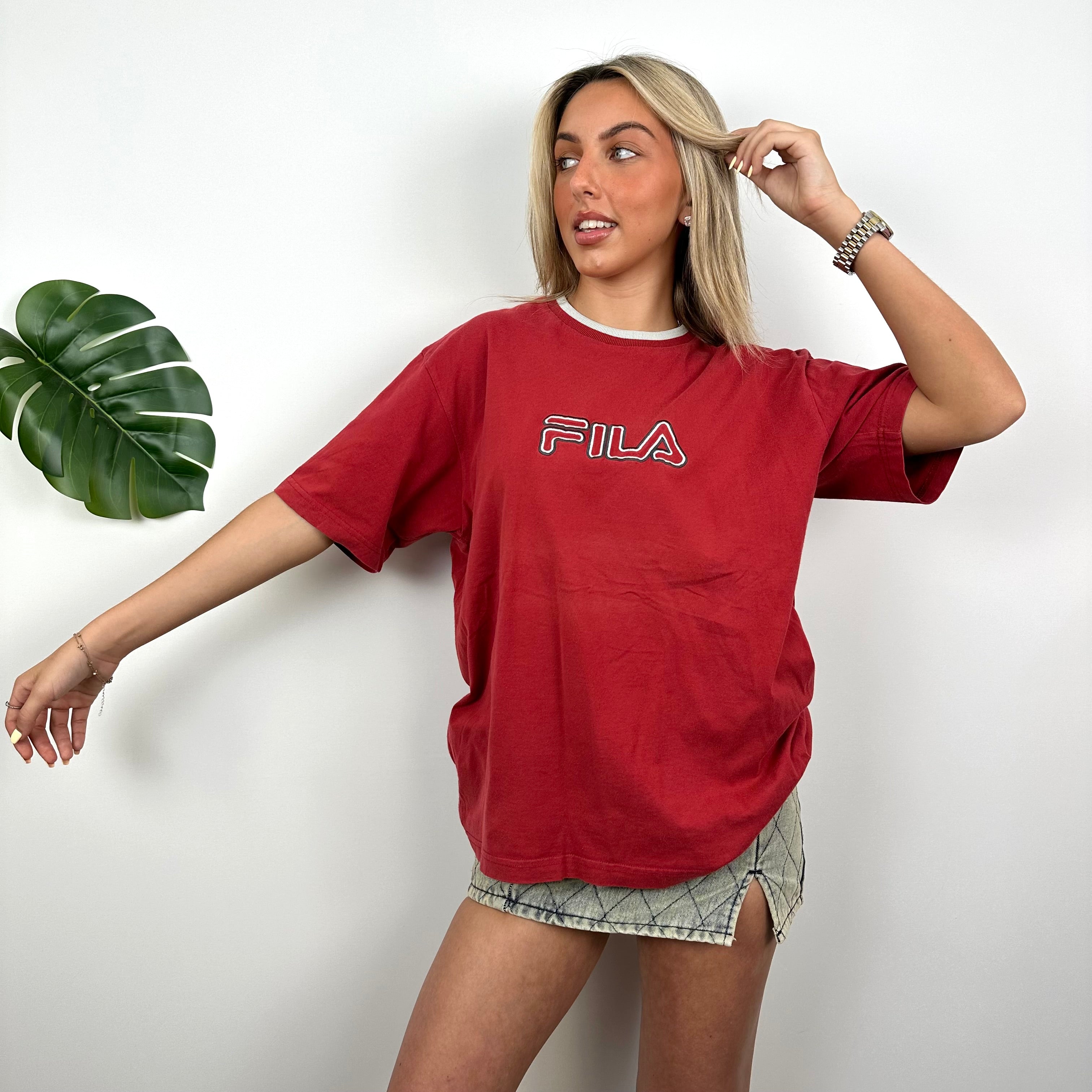 FILA Red Embroidered Spell Out T Shirt (M)