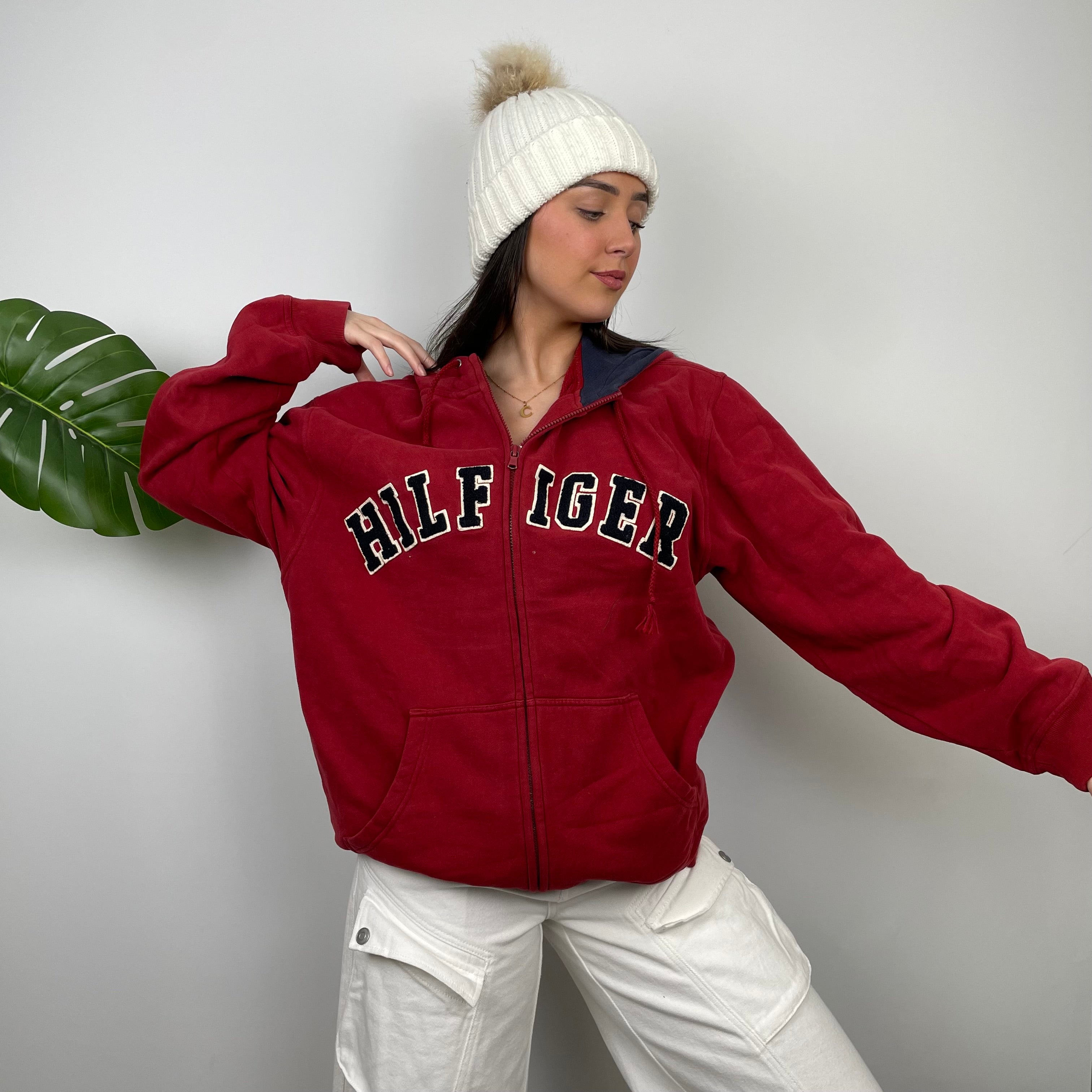 Tommy Hilfiger RARE Red Embroidered Spell Out  Zip Up Hoodie (L)