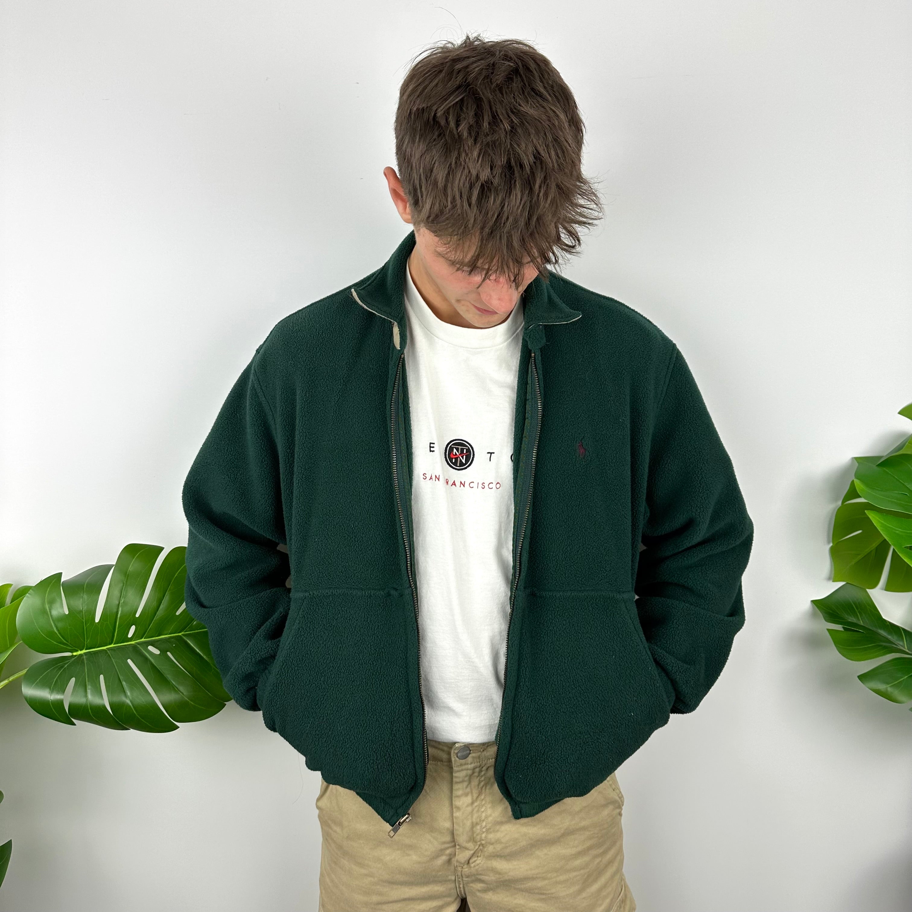 Polo Ralph Lauren Green Embroidered Logo Teddy Bear Fleece Zip Up Jacket (M)