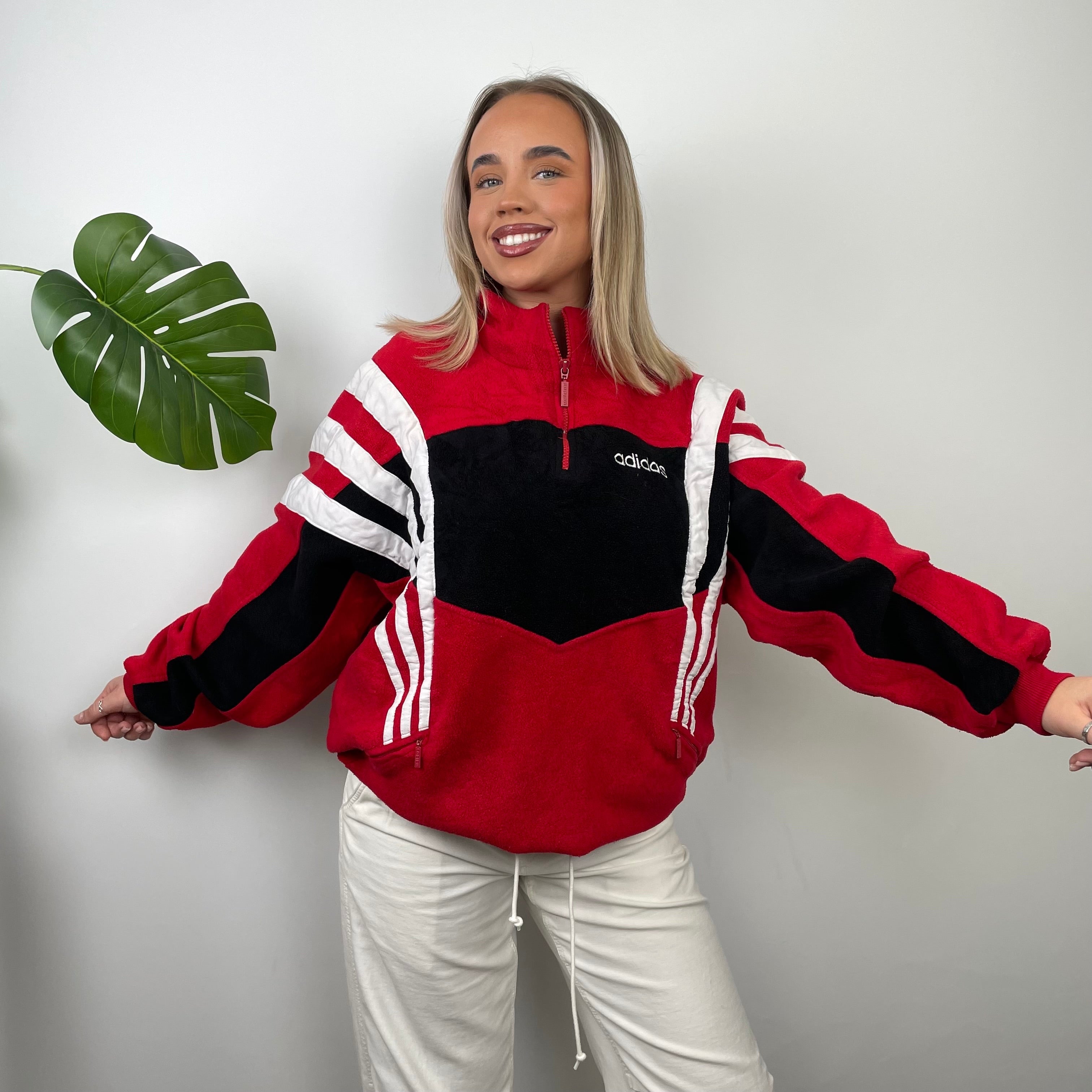 Adidas Red Colour Block Embroidered Spell Out Teddy Bear Fleece Quarter Zip Sweatshirt (L)
