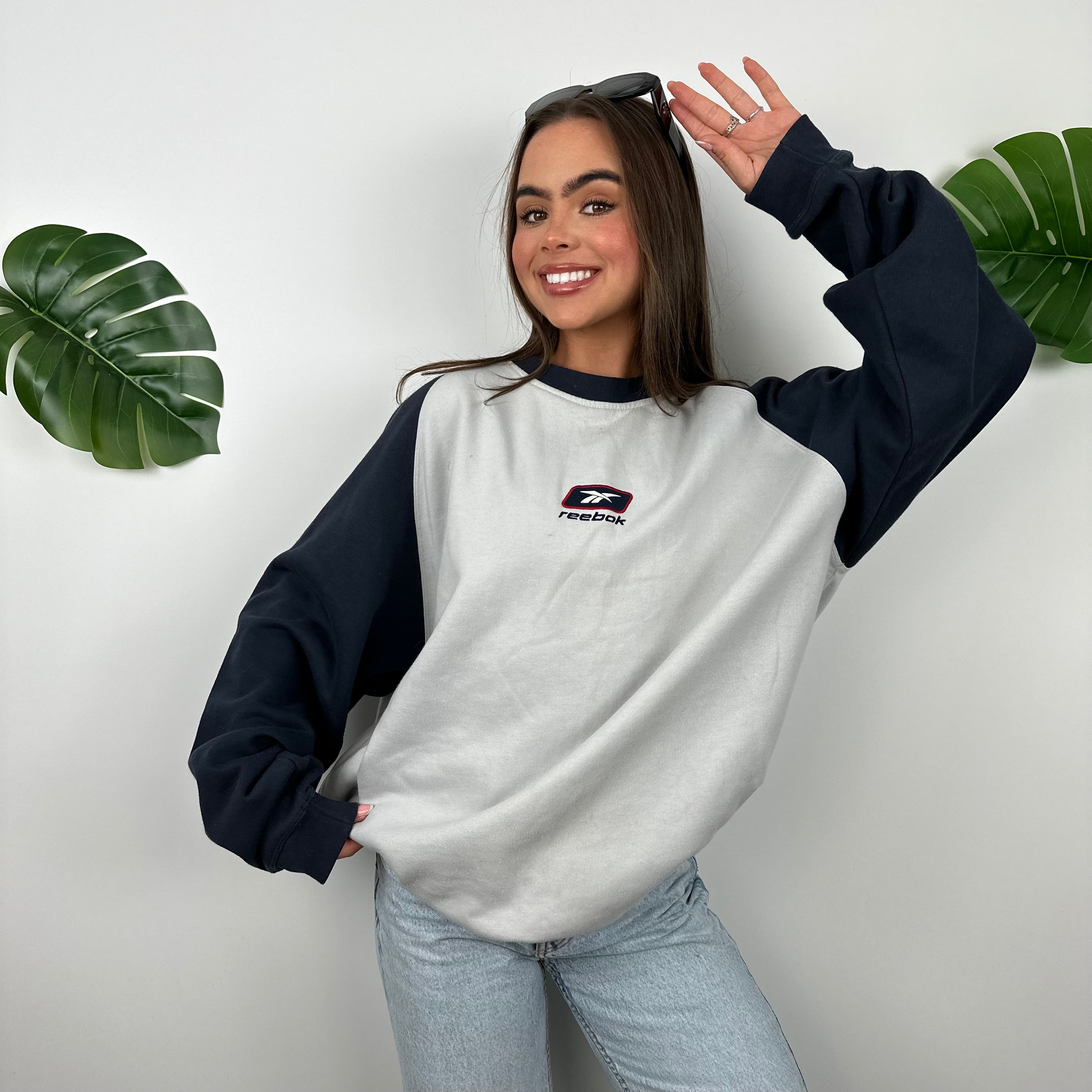 Reebok Grey & Navy Embroidered Spell Out Sweatshirt (L)