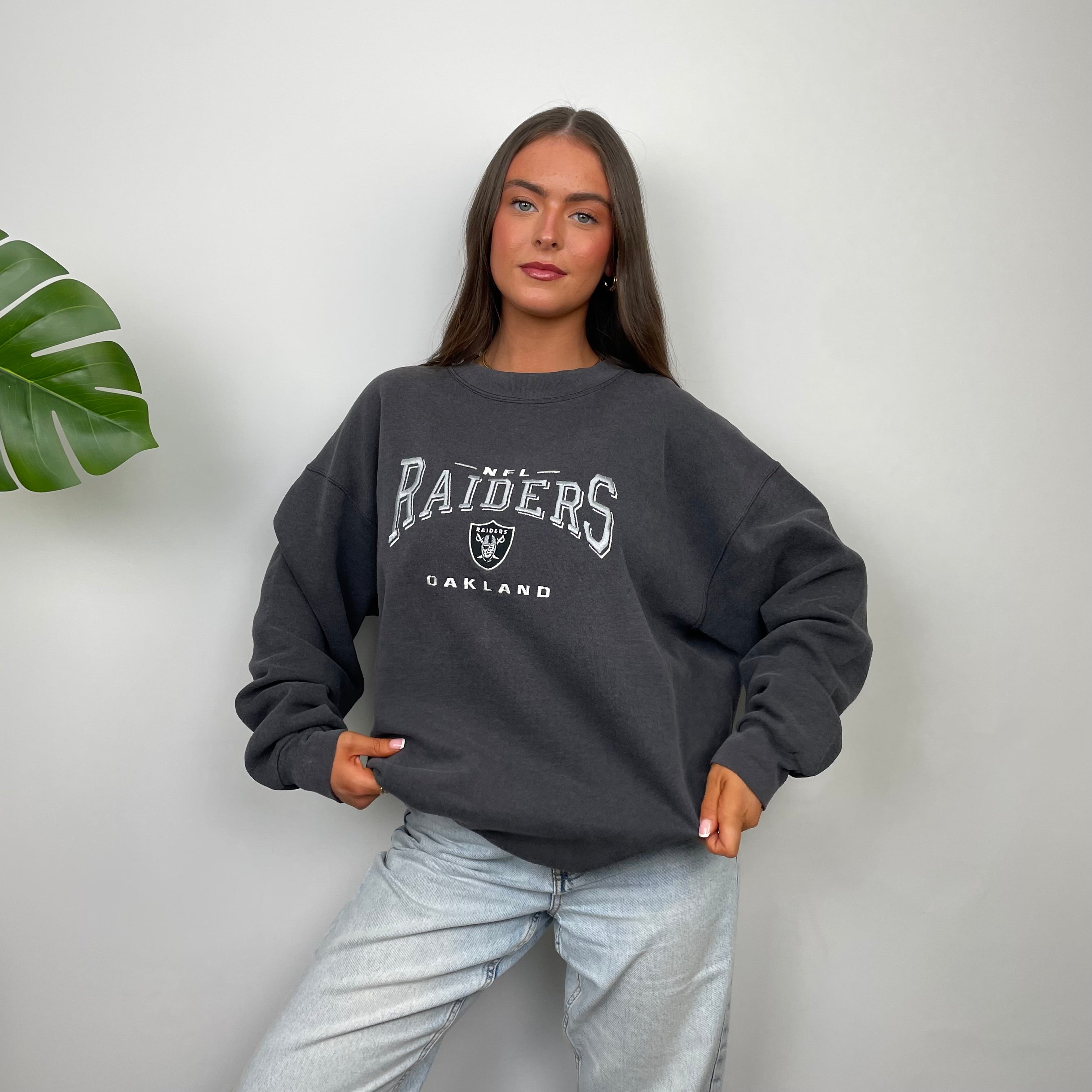 NFL Las Vegas Raiders Grey Embroidered Spell Out Sweatshirt (L)