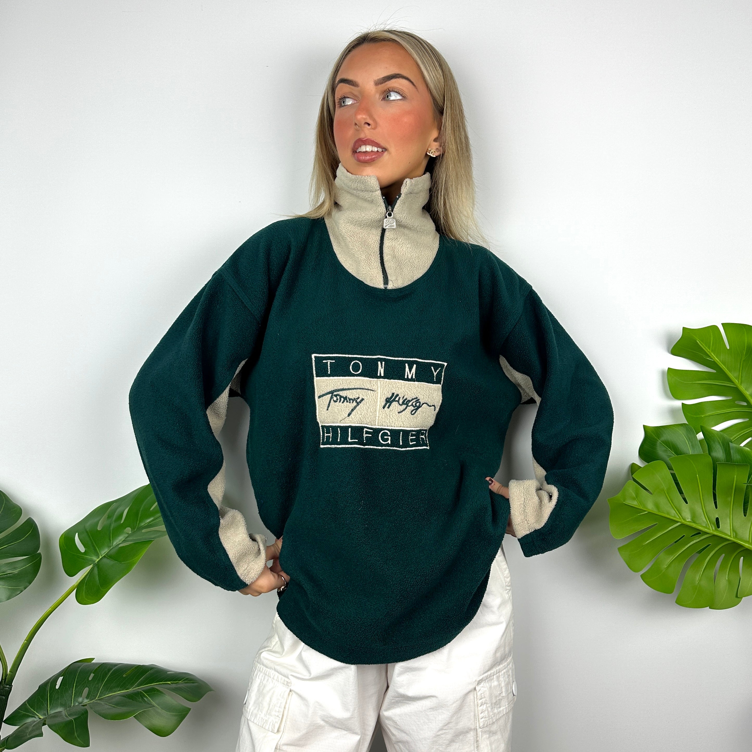 Tommy Hilfiger Green Embroidered Spell Out Teddy Bear Fleece Quarter Zip Sweatshirt (M)