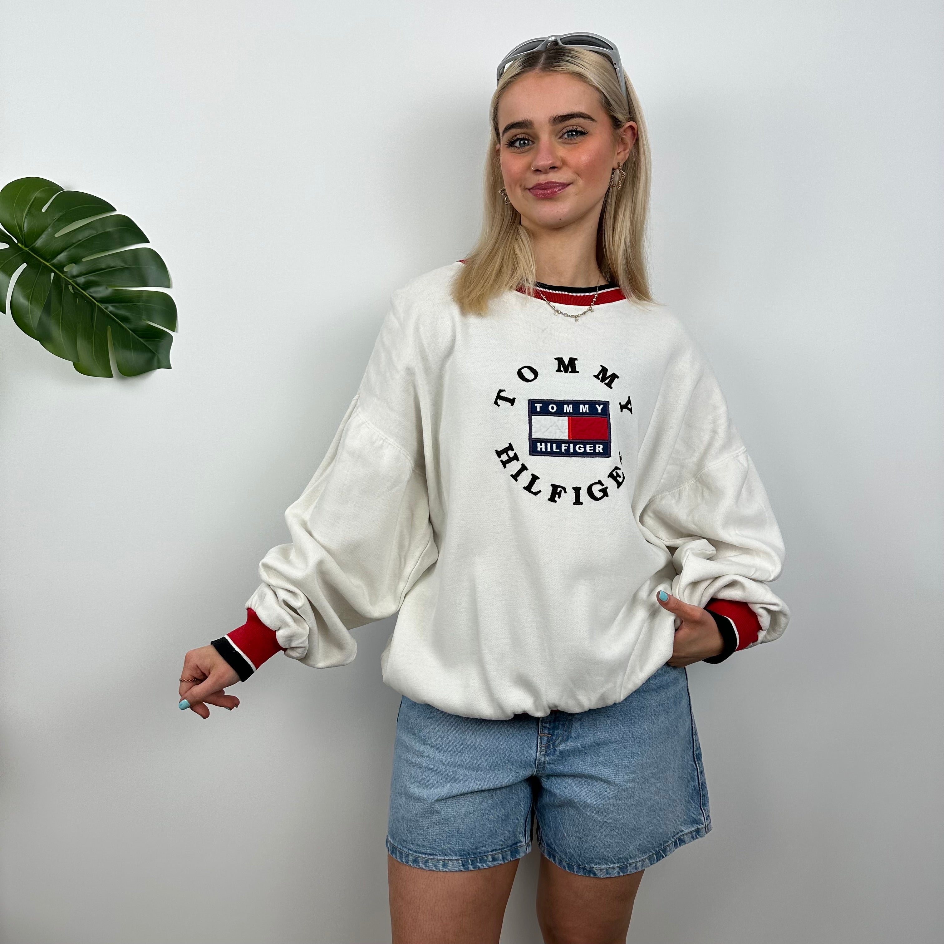 Tommy Hilfiger RARE White Embroidered Spell Out Sweatshirt (M)