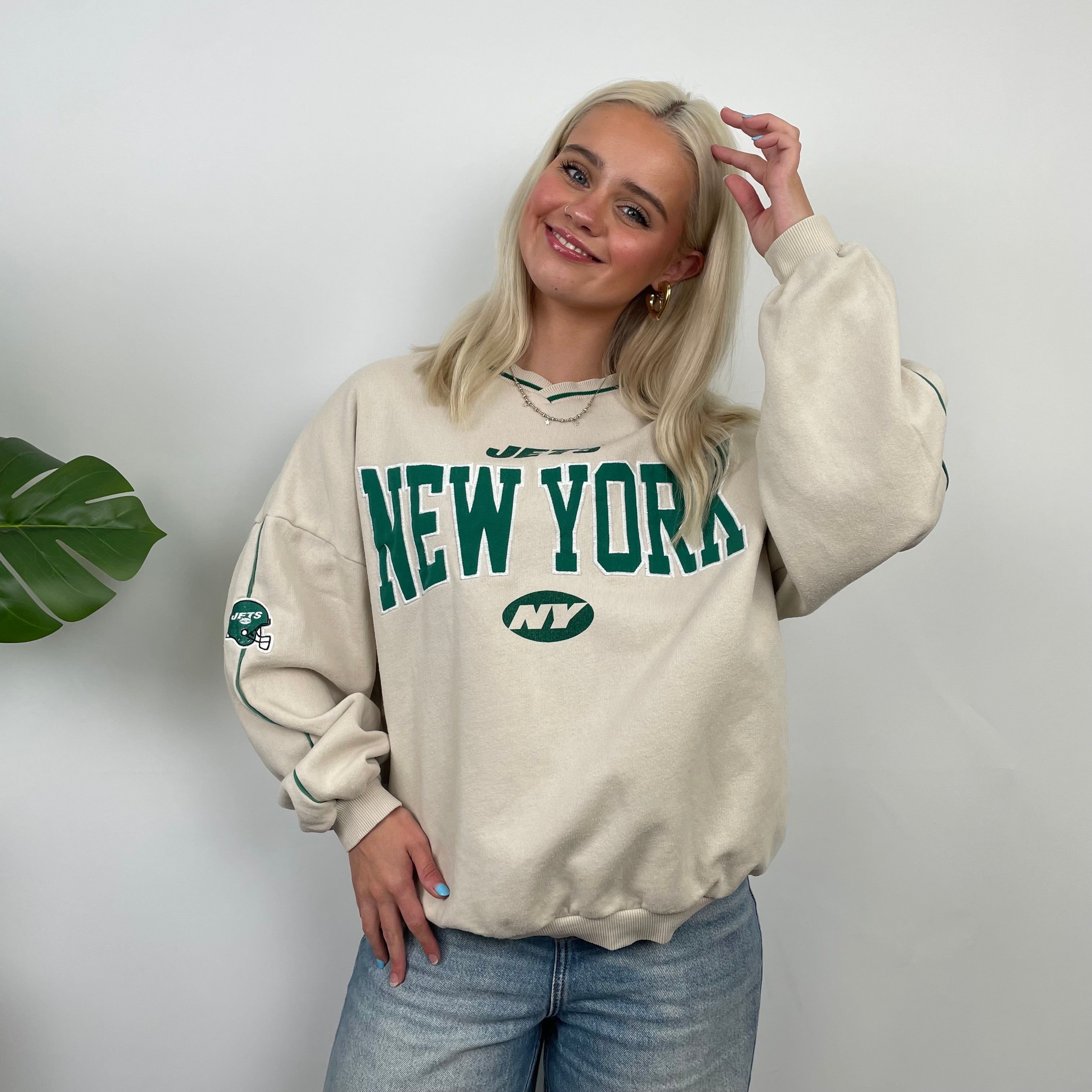 New York Jets Cream Embroidered Spell Out Sweatshirt (S)