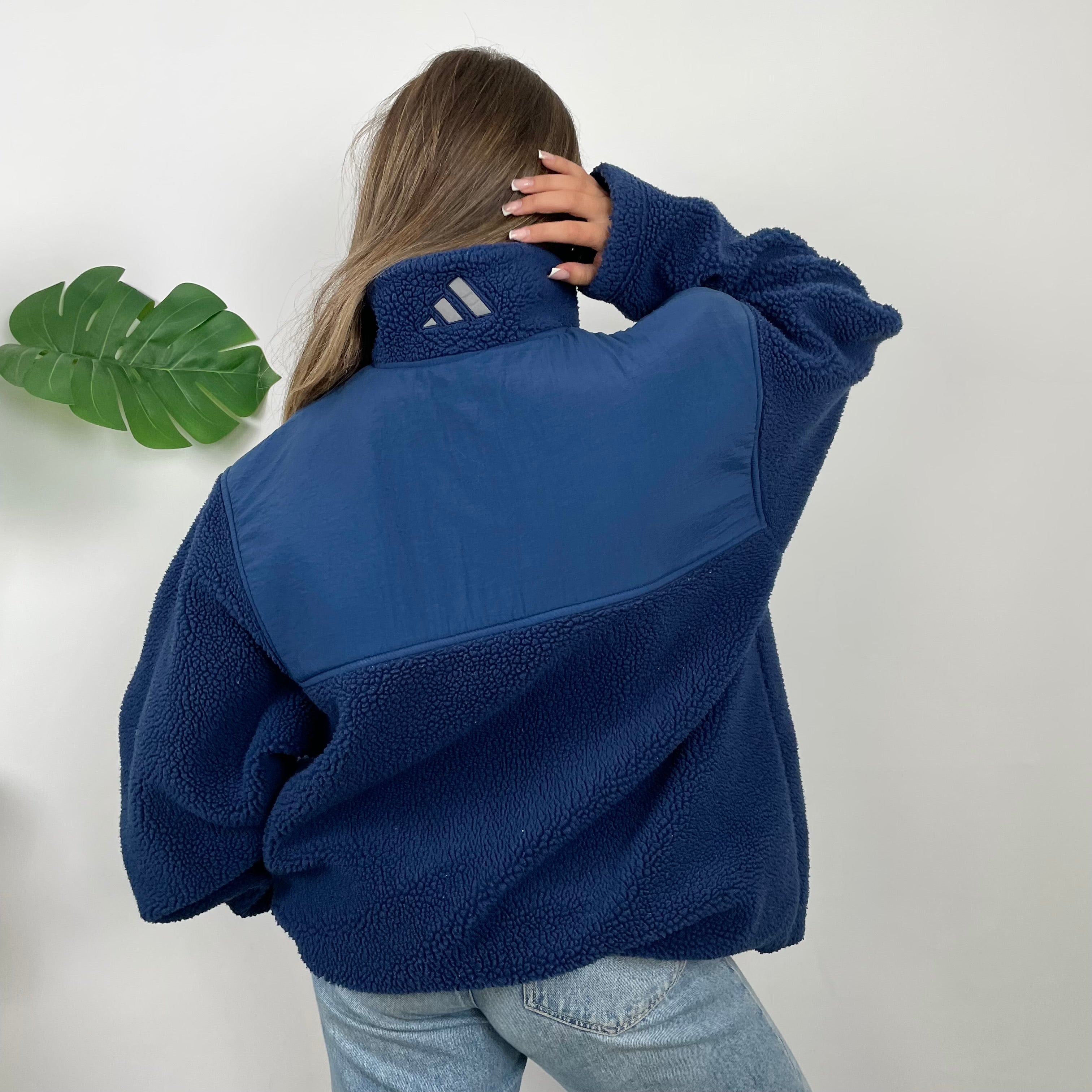 Adidas Navy Embroidered Spell Out Teddy Bear Sherpa Fleece Quarter Zip Sweatshirt (XL)
