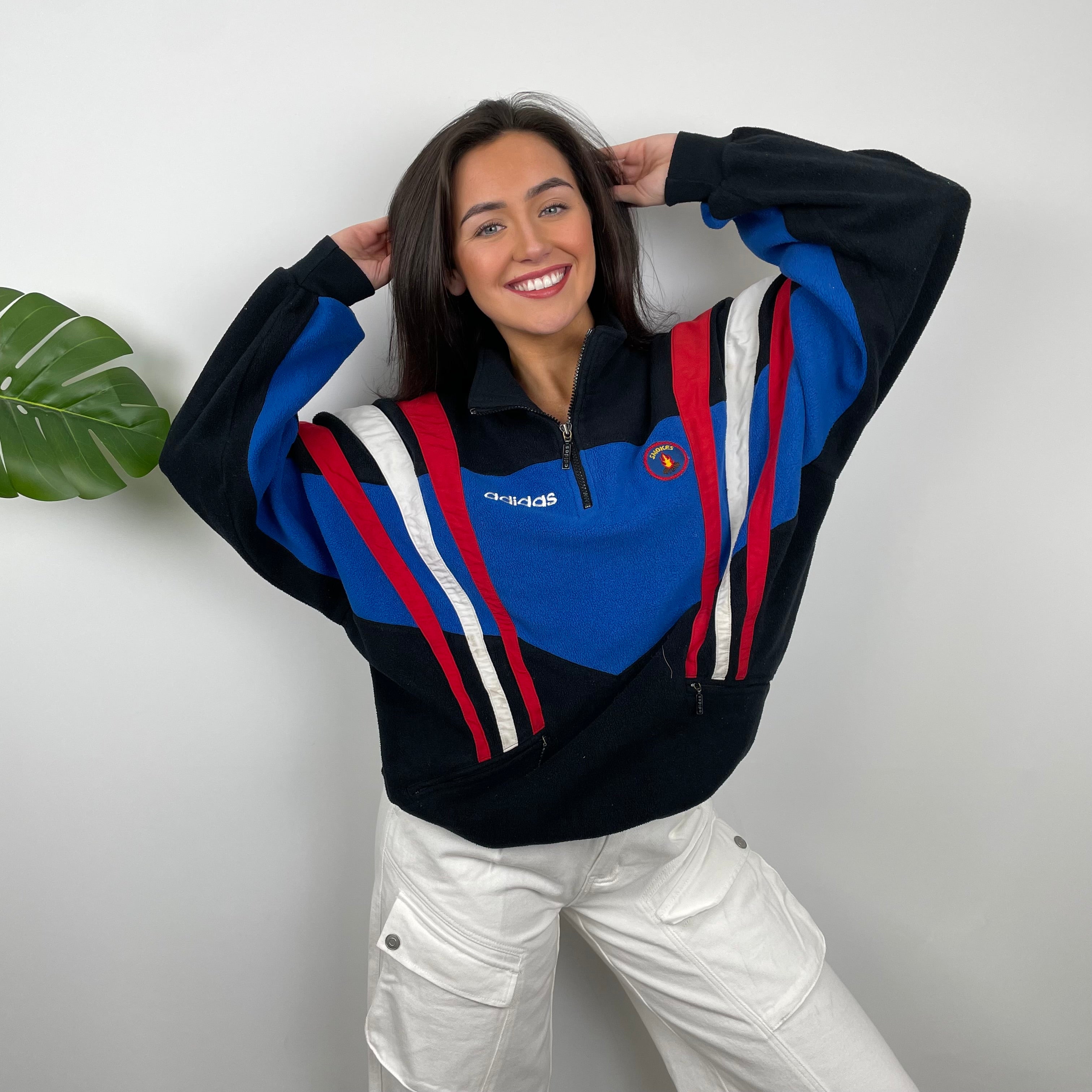 Adidas Blue RARE Colour Block Embroidered Spell Out Teddy Bear Fleece Quarter Zip Sweatshirt (L)