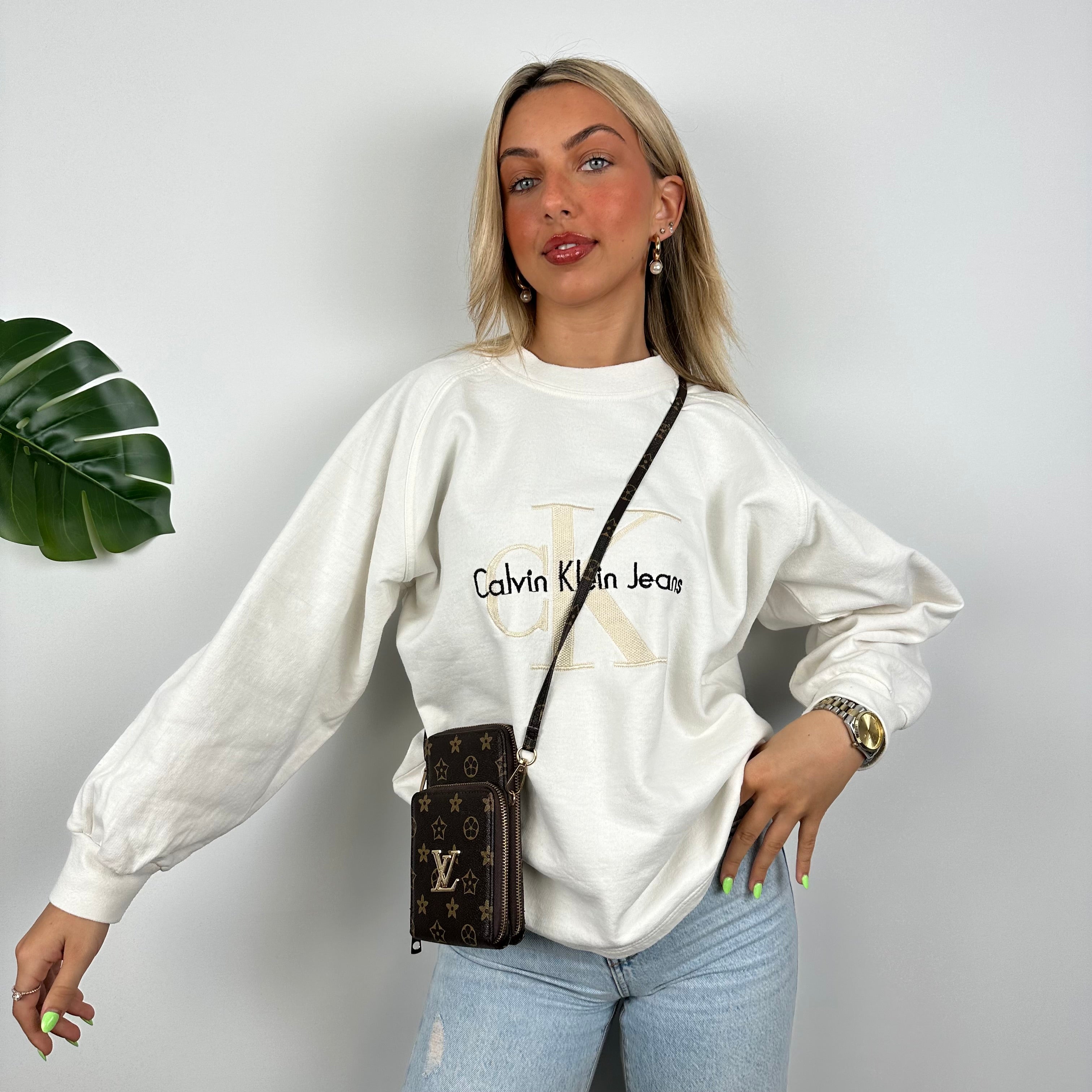 Calvin Klein RARE Cream Embroidered Spell Out Sweatshirt (M)