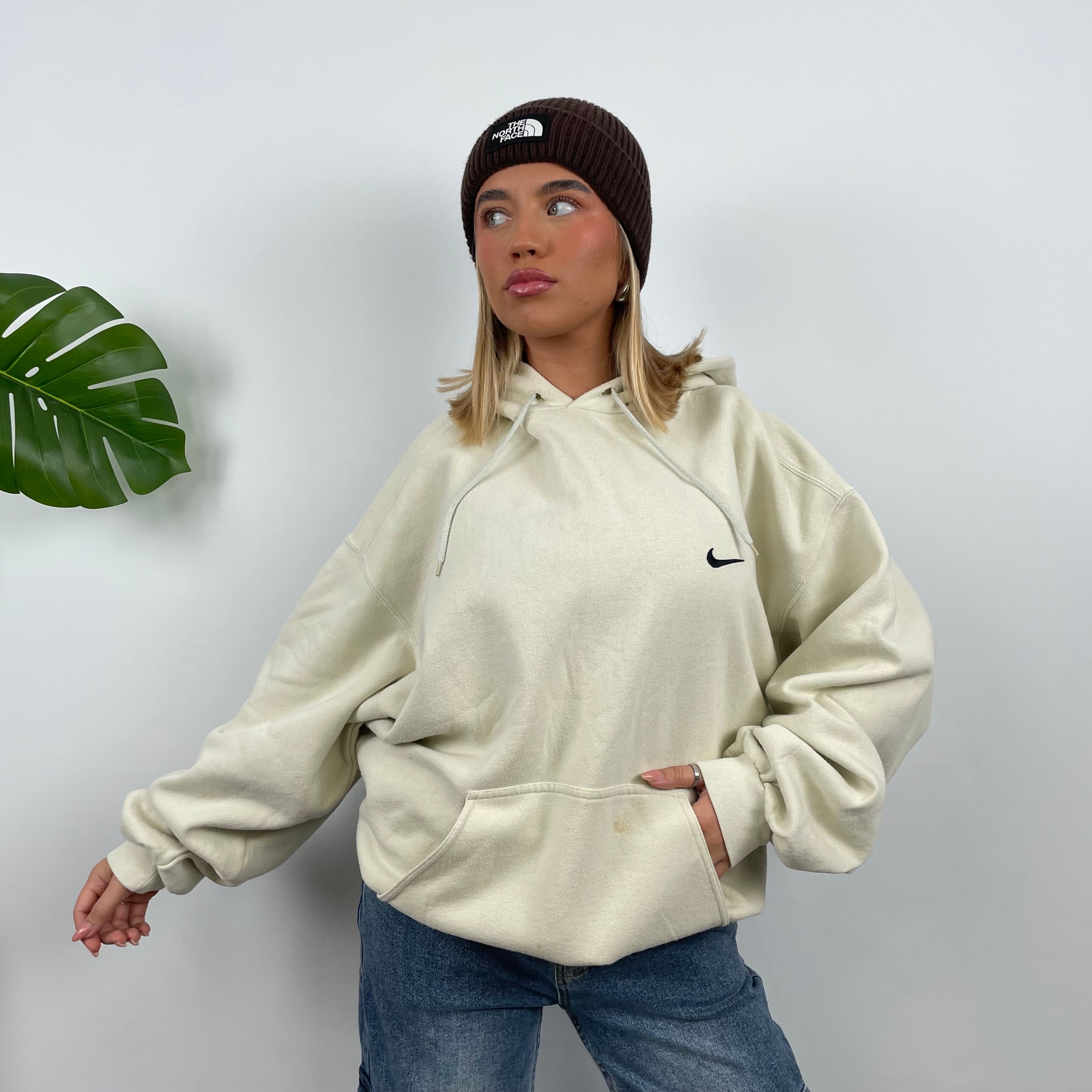 Nike RARE Cream Embroidered Swoosh Hoodie XL Jamie Online Vintage