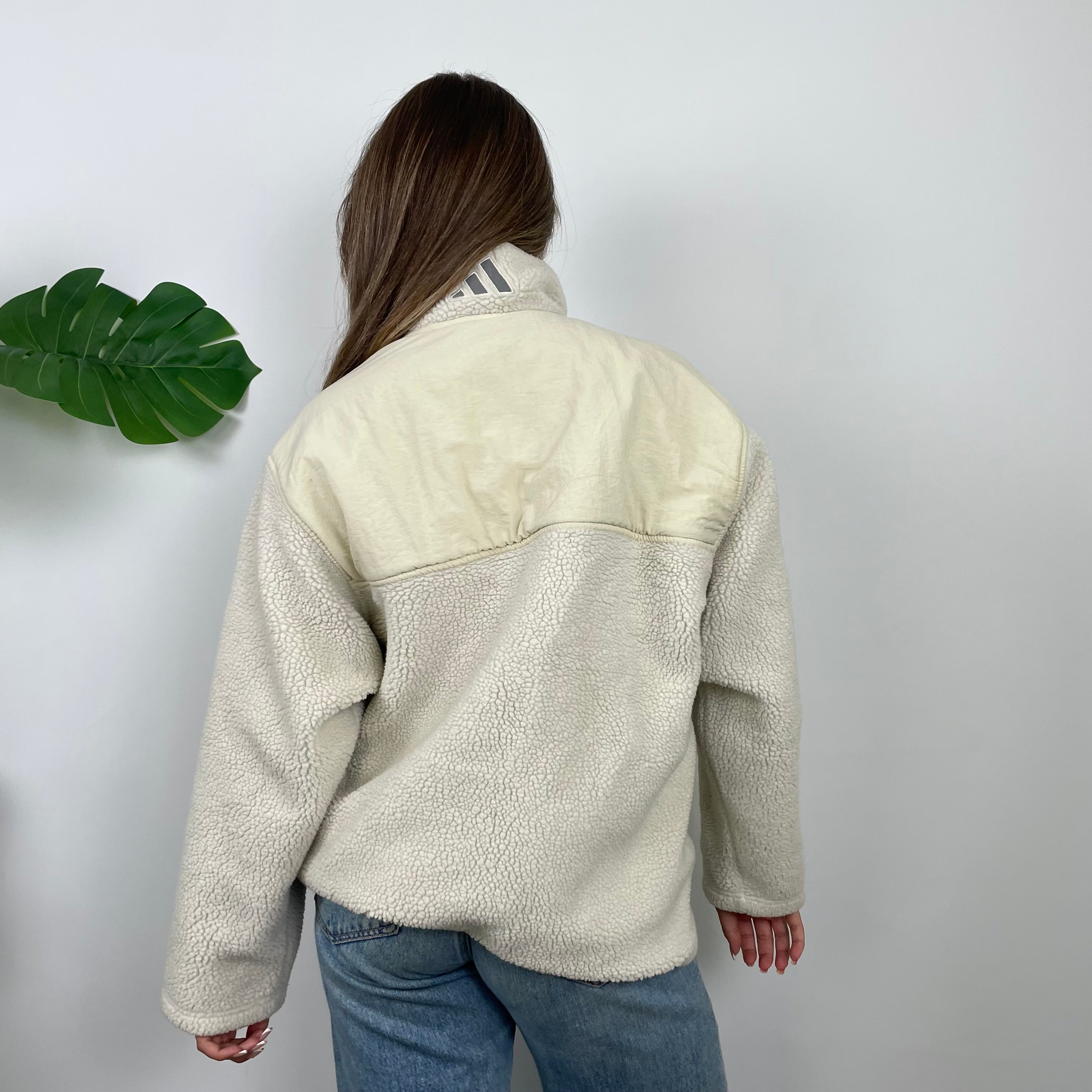 Adidas Cream Embroidered Spell Out Teddy Bear Sherpa Fleece Quarter Zip Sweatshirt (L)