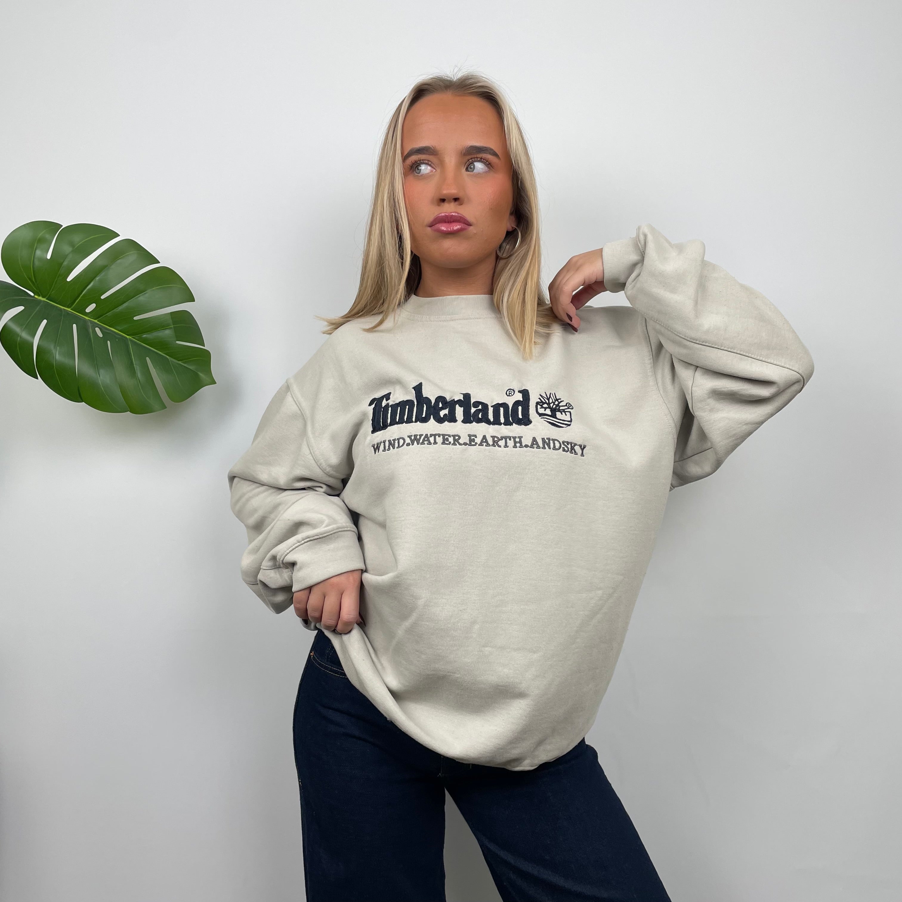 Timberland Cream Embroidered Spell Out Sweatshirt (M)