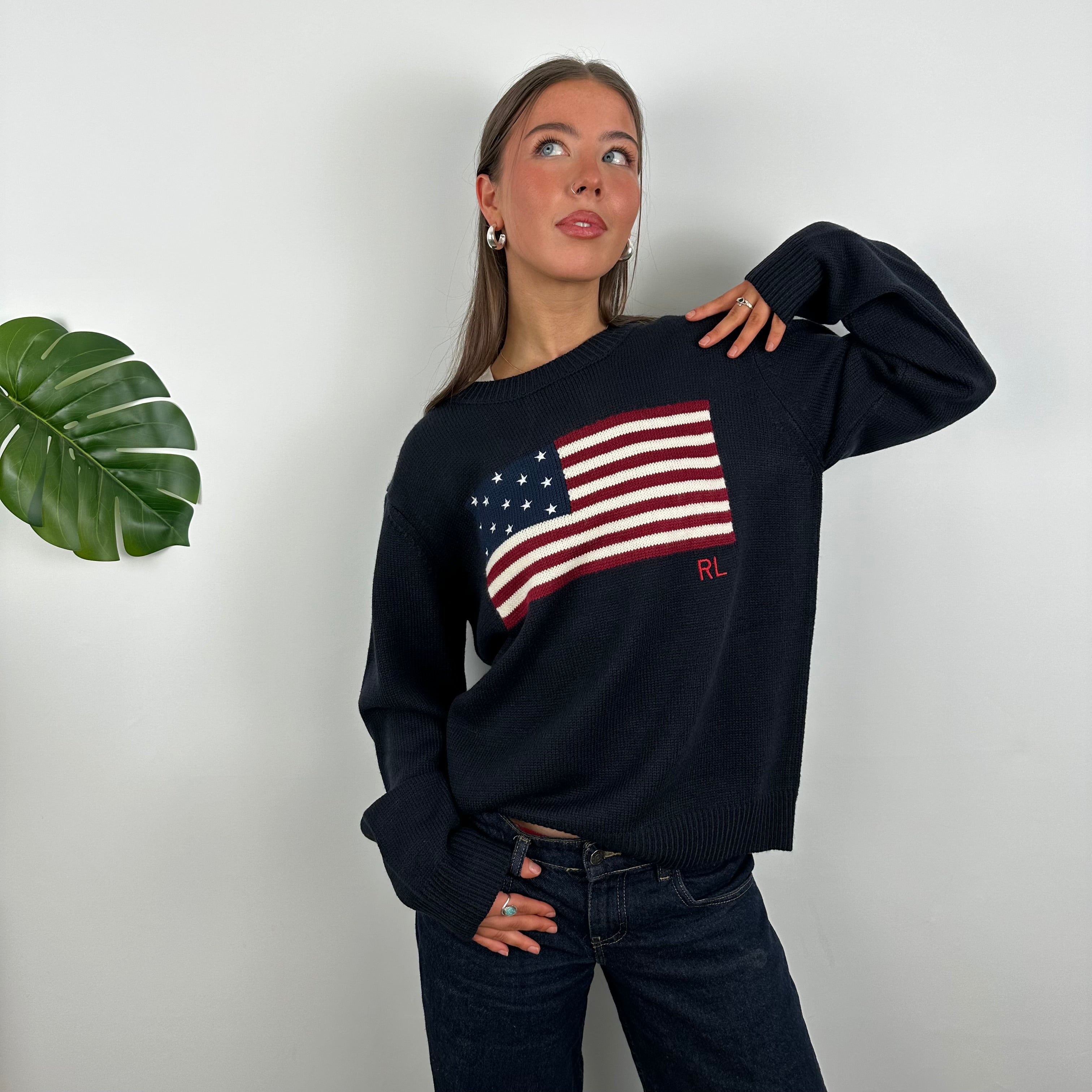 Polo Ralph Lauren Navy Embroidered Spell Out Knitted Sweater (M)