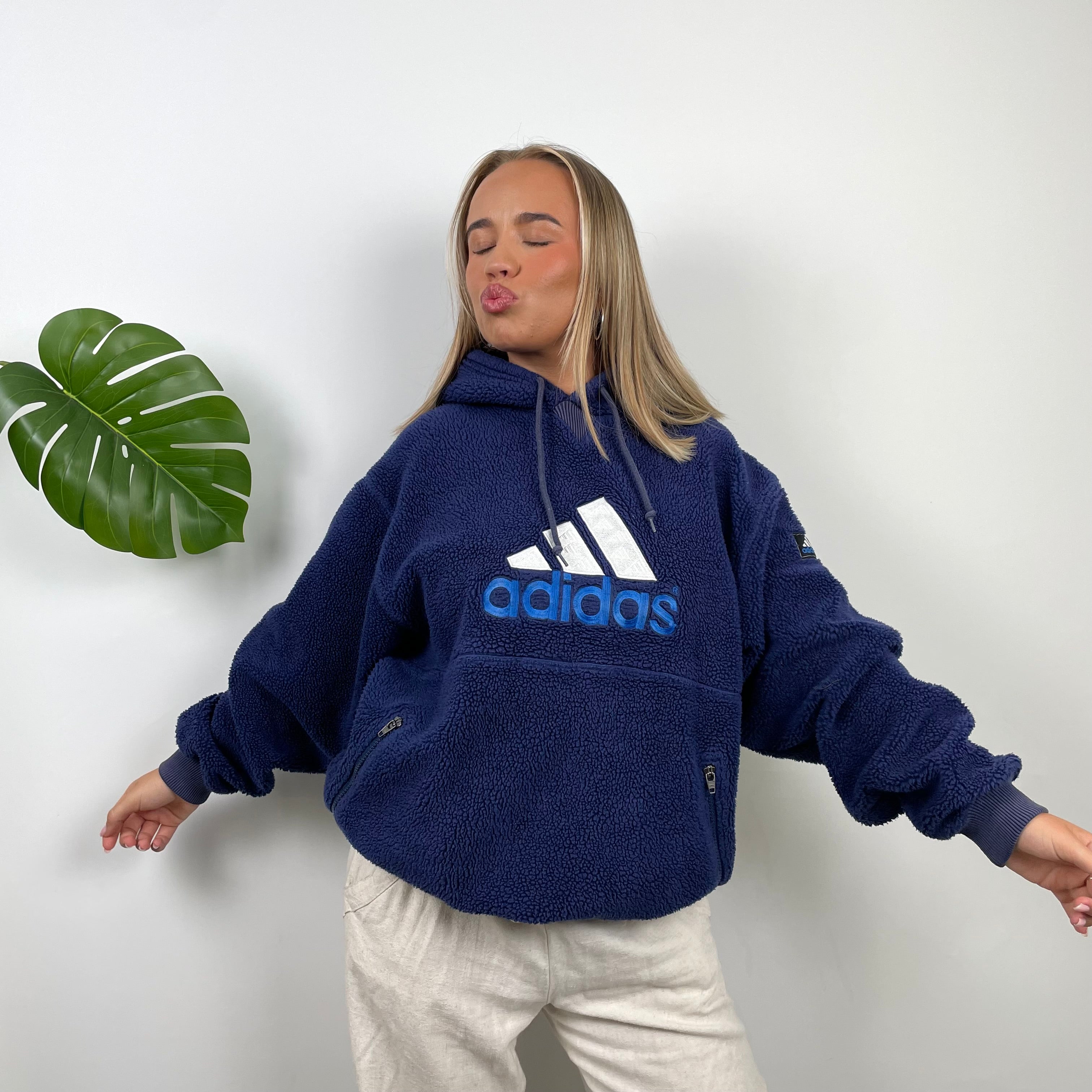 Adidas RARE Navy Embroidered Spell Out Teddy Bear Sherpa Fleece Hoodie (L)