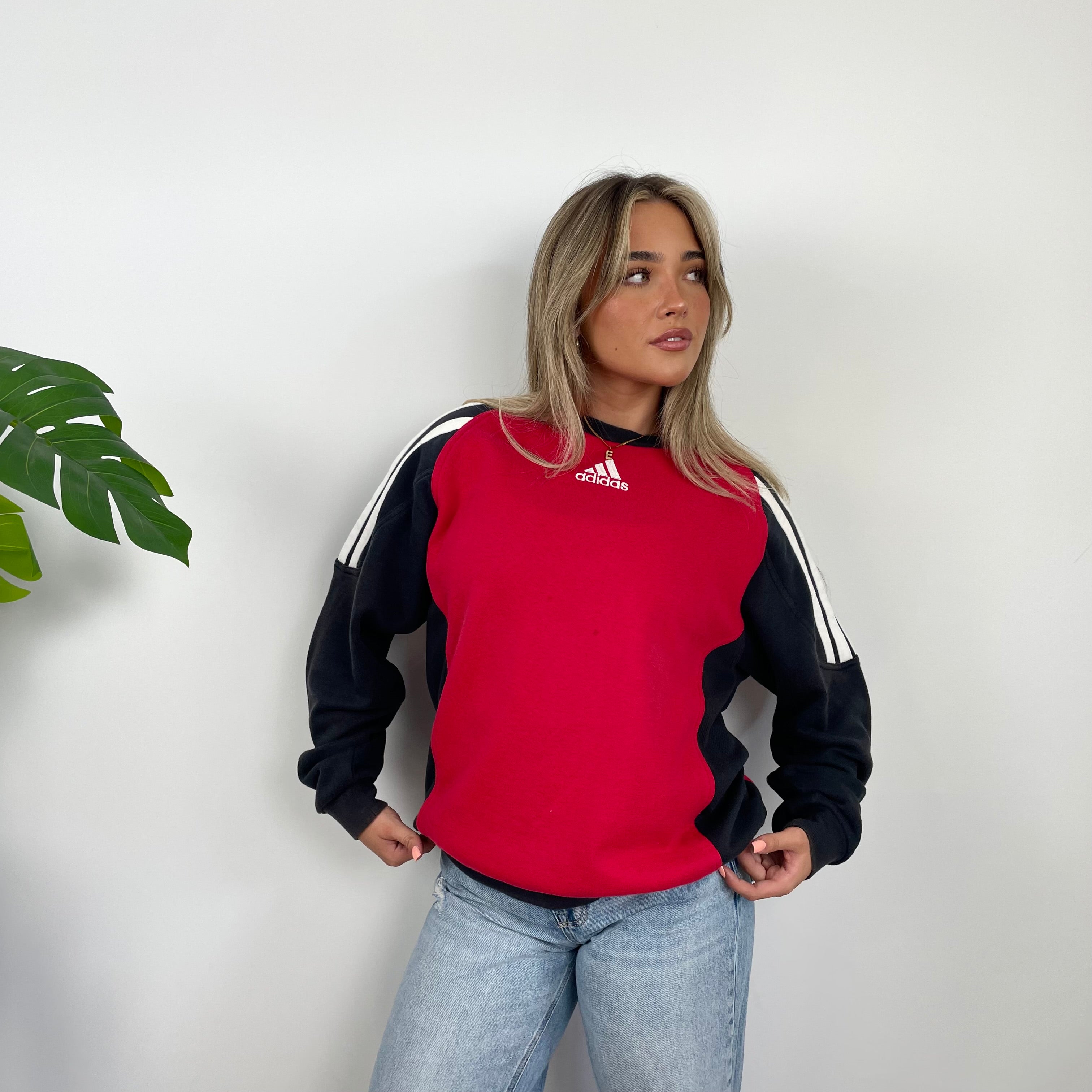 Adidas Red & Black Embroidered Spell Out Colour Block Sweatshirt (L)