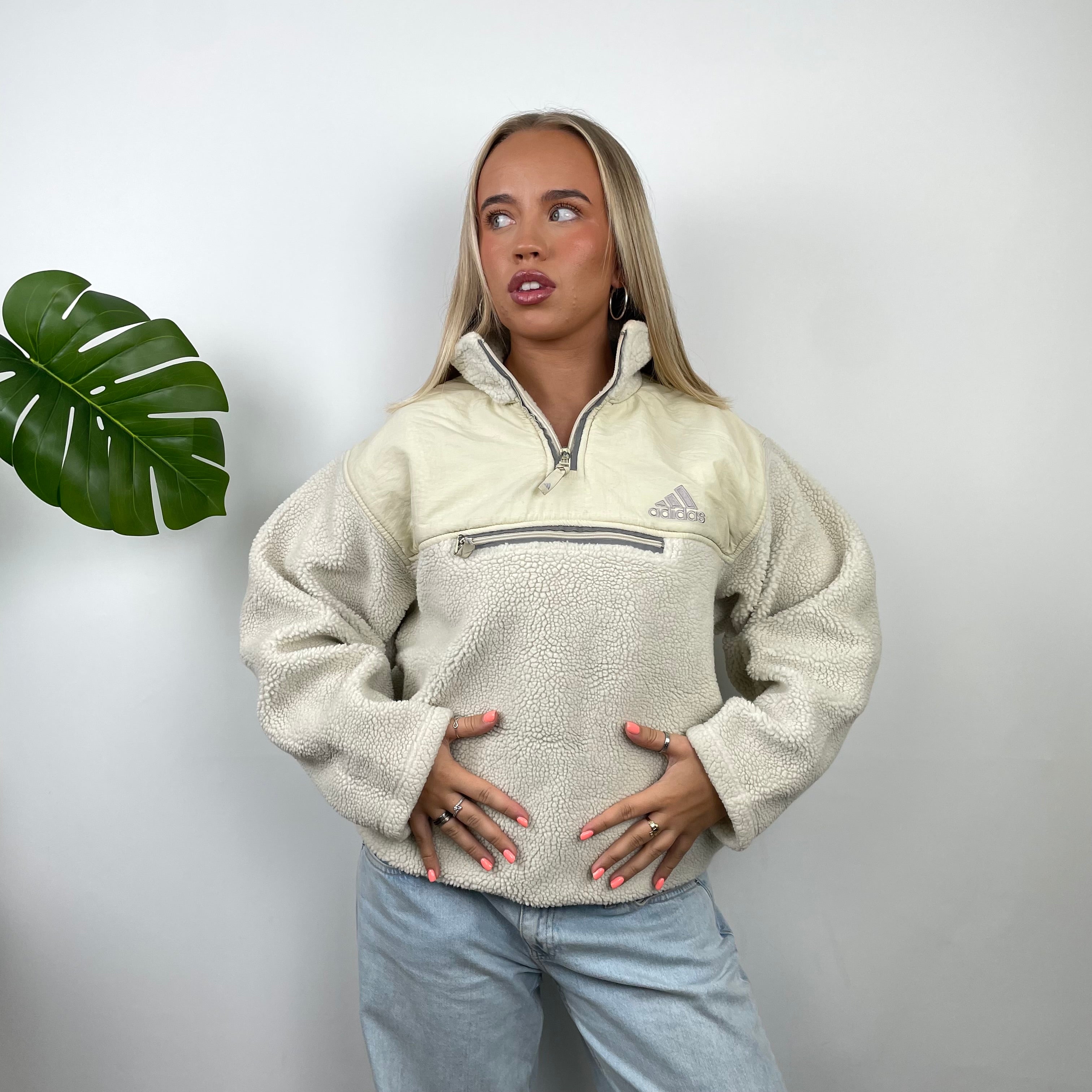 Adidas Cream Embroidered Spell Out Teddy Bear Sherpa Fleece Quarter Zip Sweatshirt (L)