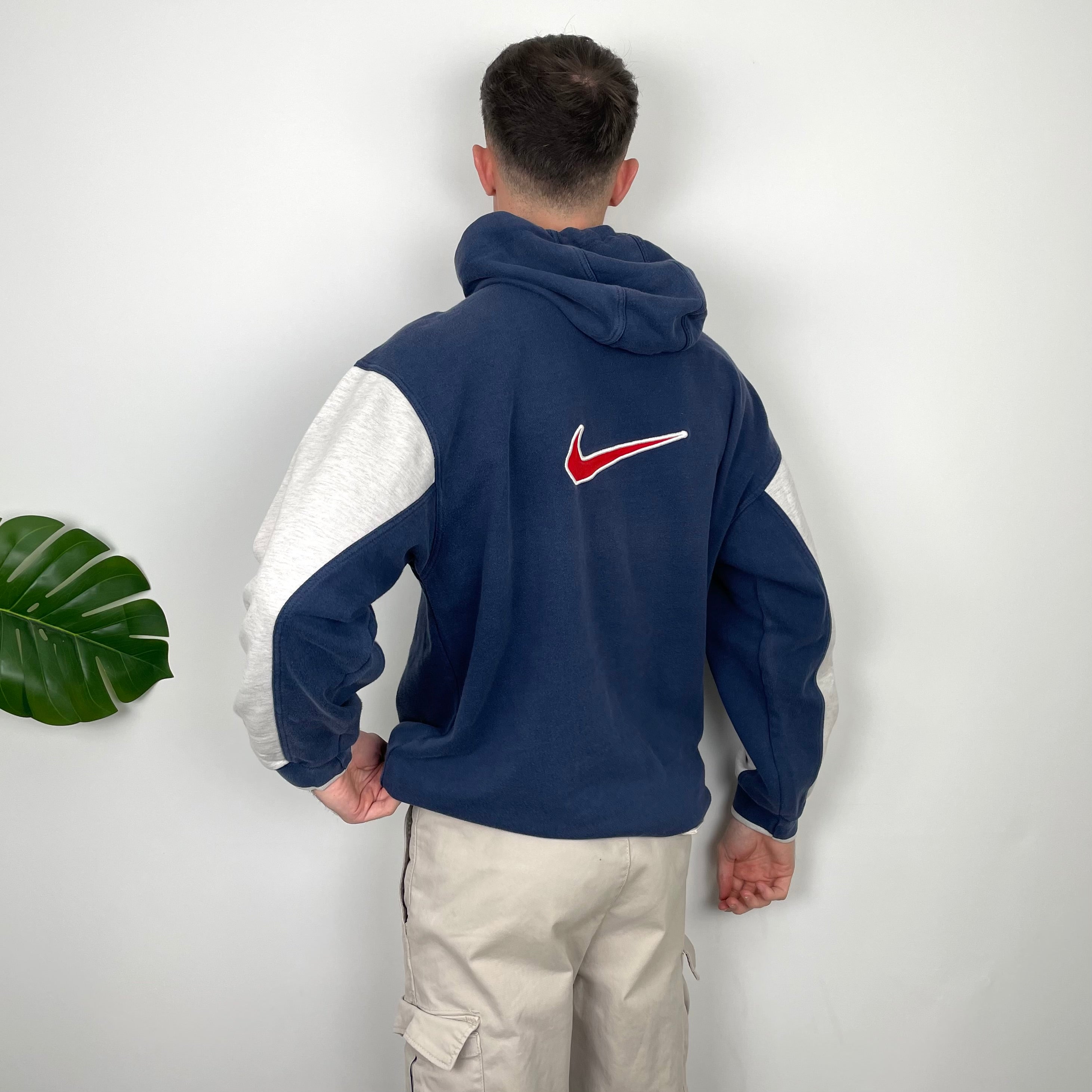 Nike RARE Navy Embroidered Swoosh Quarter Zip Hoodie L Jamie Online Vintage