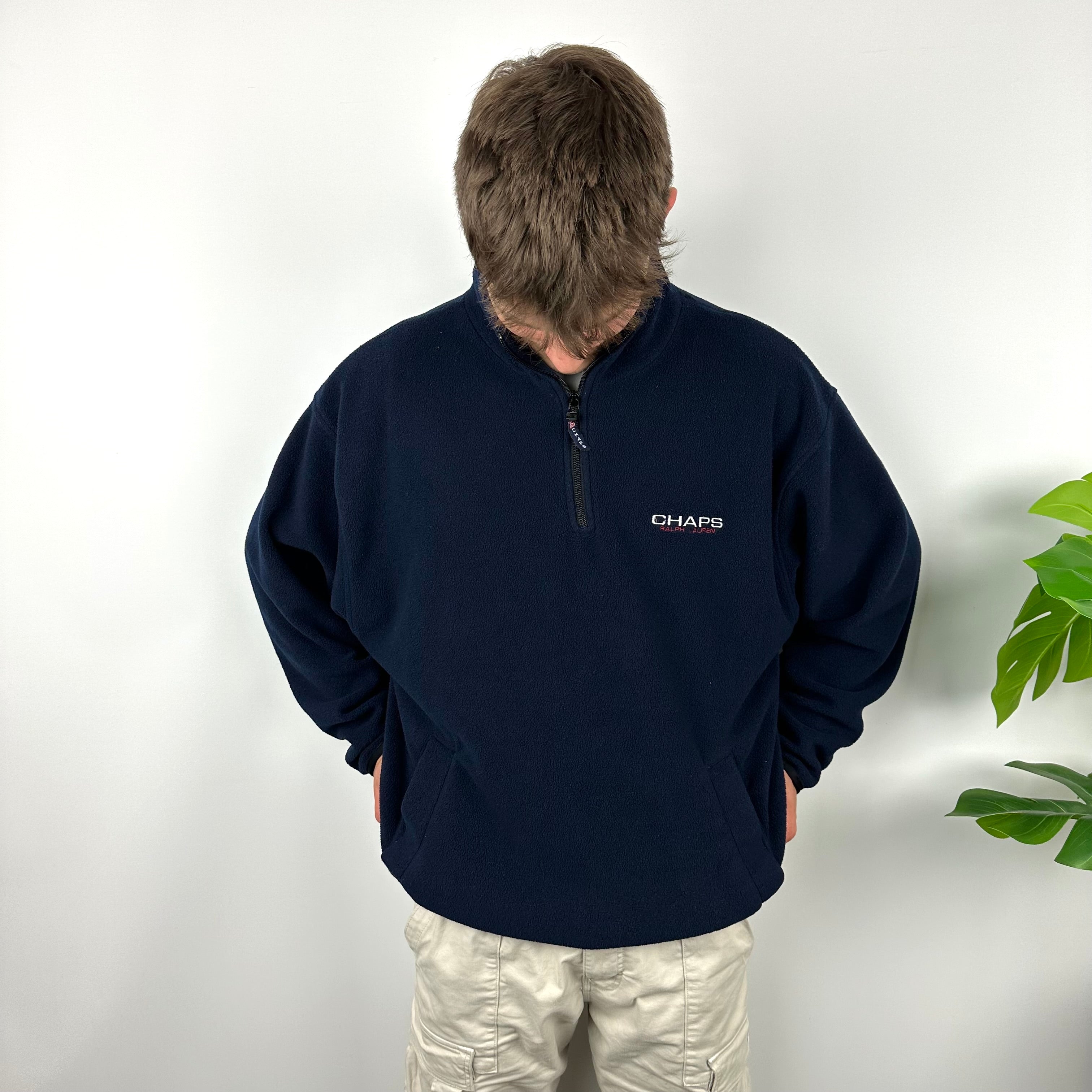 Chaps Ralph Lauren Navy Embroidered Spell Out Teddy Bear Fleece Quarter Zip Sweatshirt (XL)