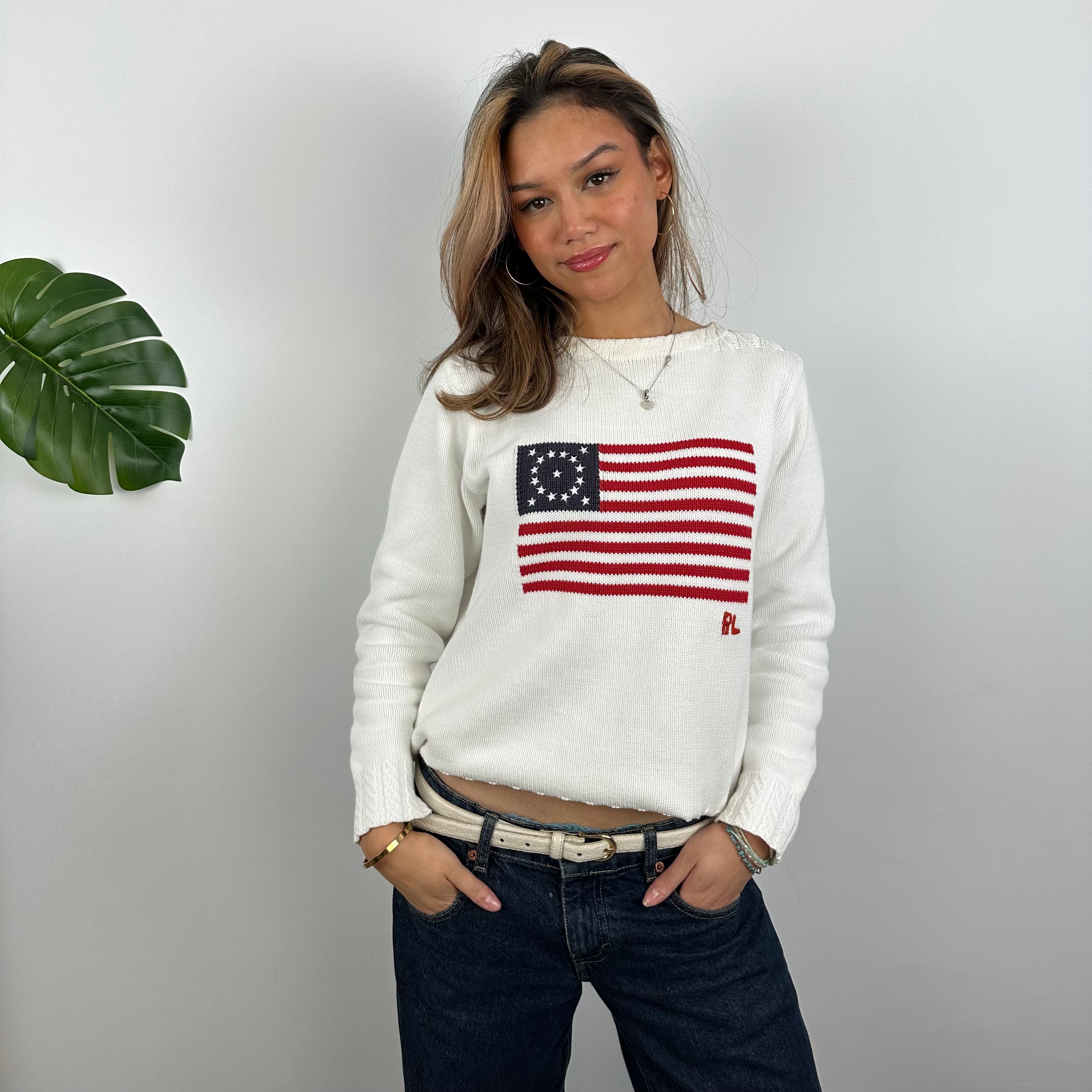 Polo Ralph Lauren White Embroidered Spell Out Knitted Sweater (S)