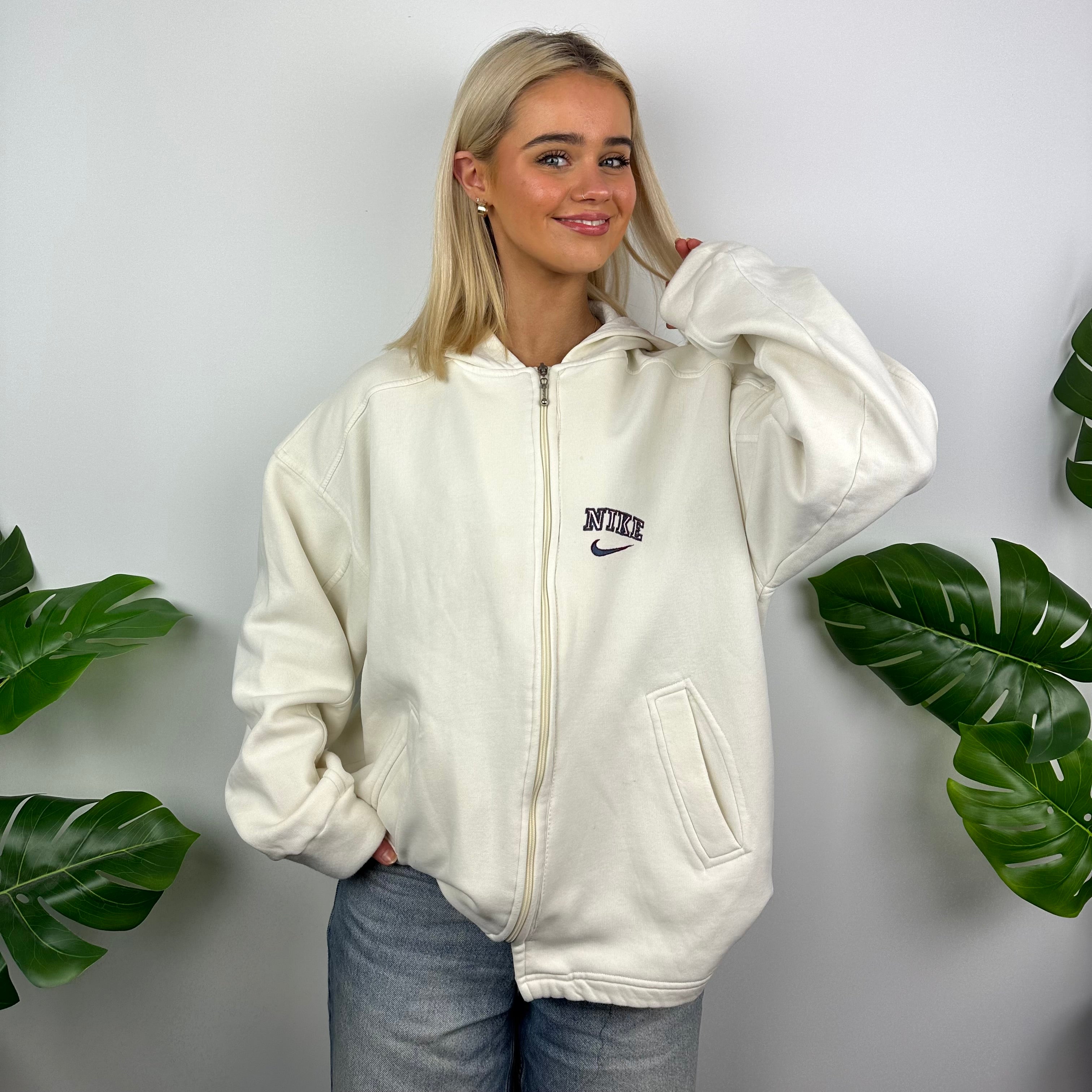 Nike Cream Embroidered Spell Out Zip Up Hoodie Jacket (L)