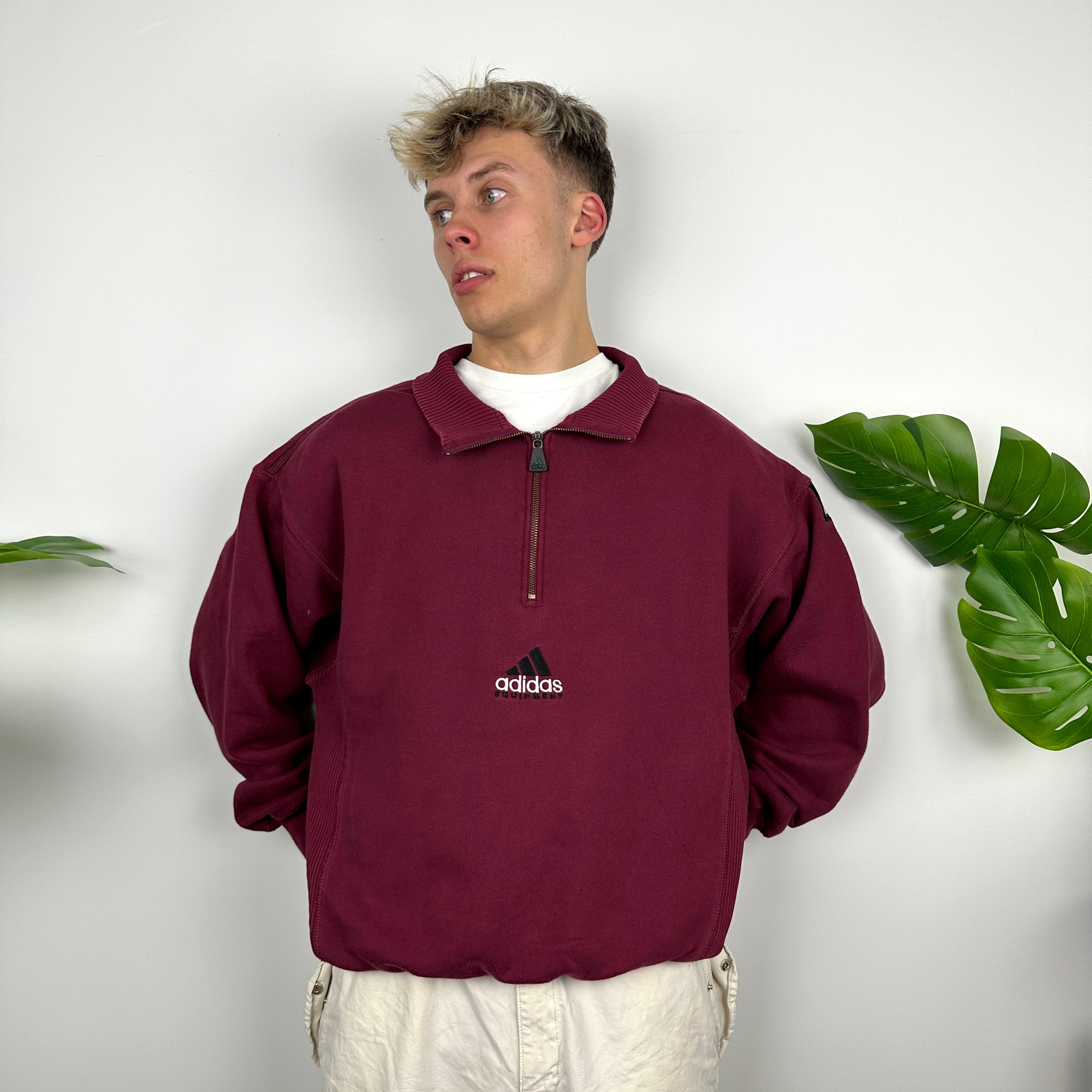 Adidas Equipment RARE Maroon Embroidered Spell Out Quarter Zip Sweatshirt (L)