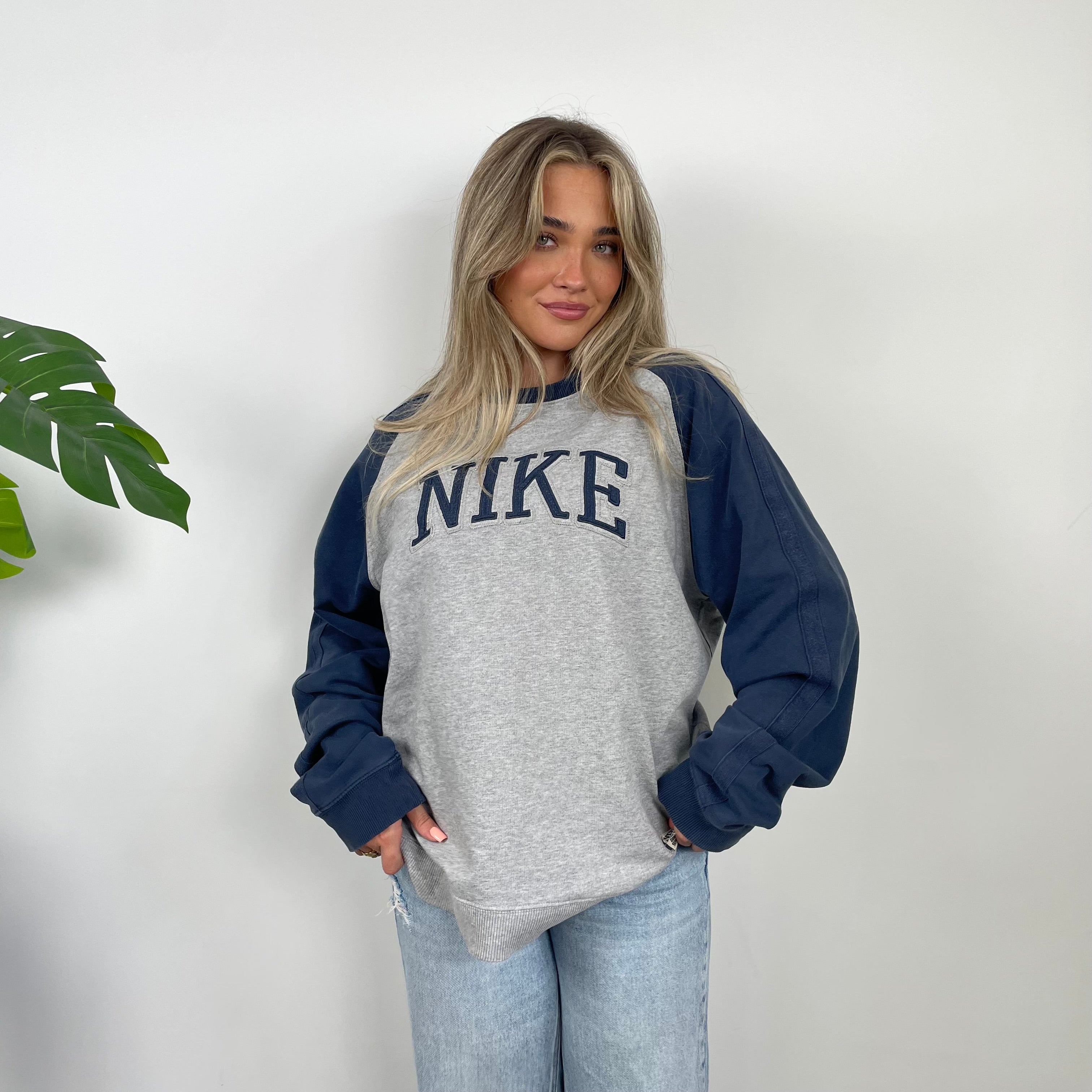 Nike Grey and Navy Embroidered Spell Out Sweatshirt (L)