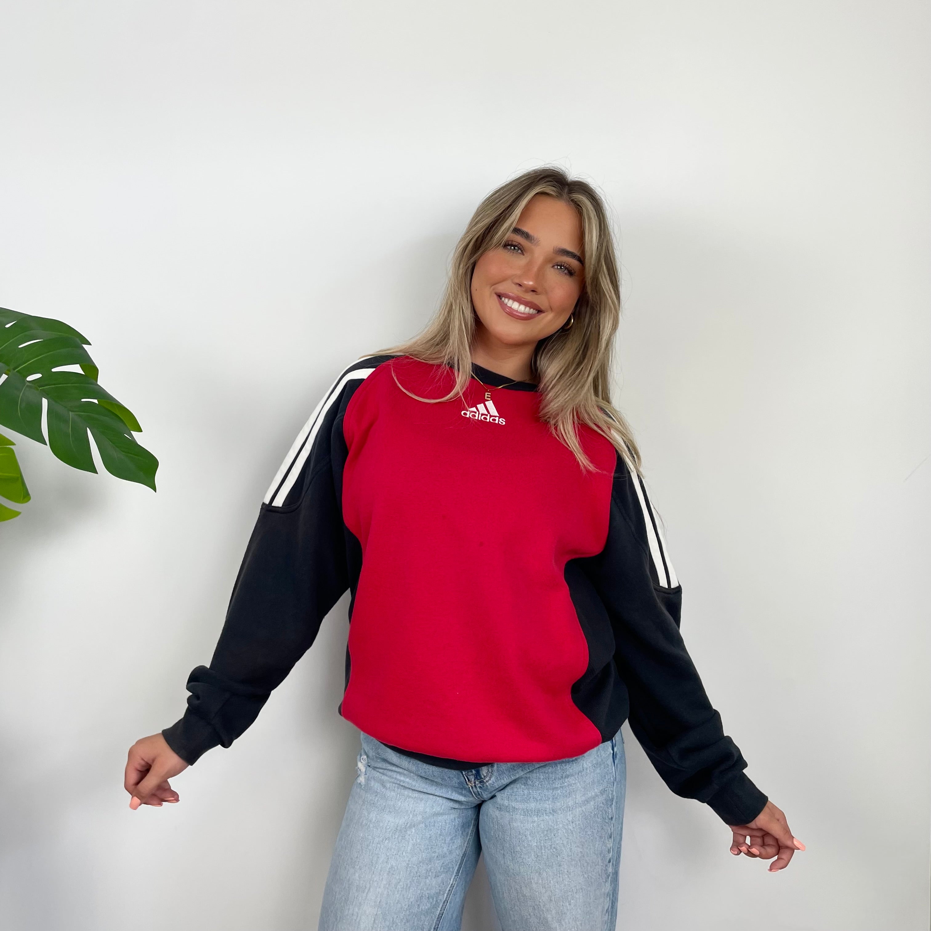 Adidas Red & Black Embroidered Spell Out Colour Block Sweatshirt (L)