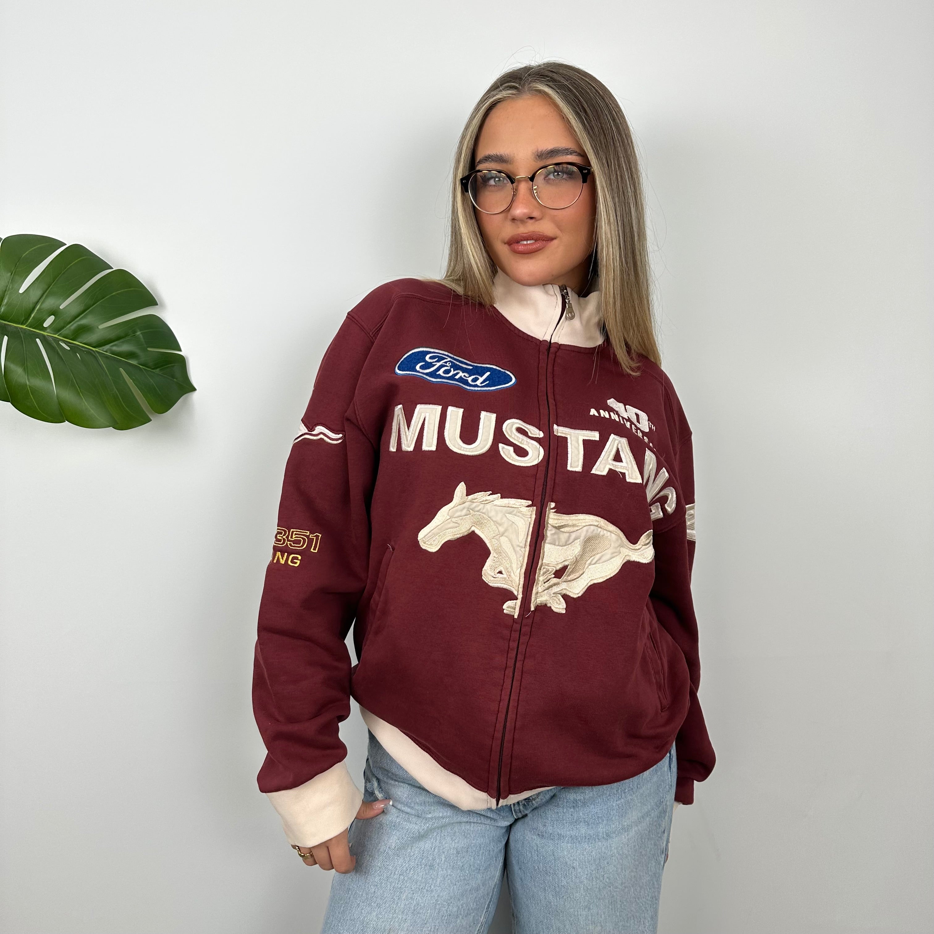 Ford Mustang Racing Maroon Embroidered Spell Out Zip Up Jacket (M)