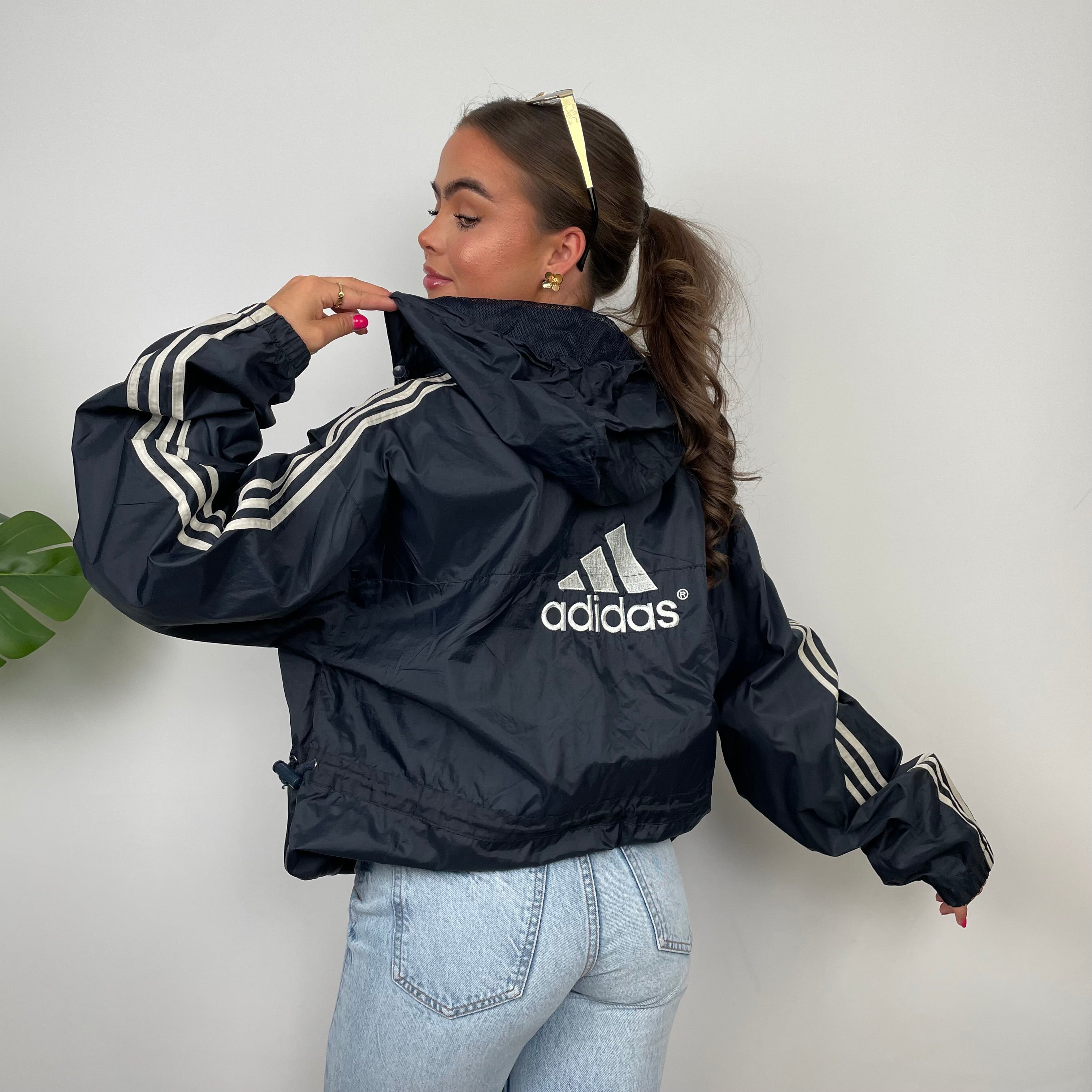 Adidas Navy Embroidered Spell Out Zip Up Windbreaker Jacket (M)