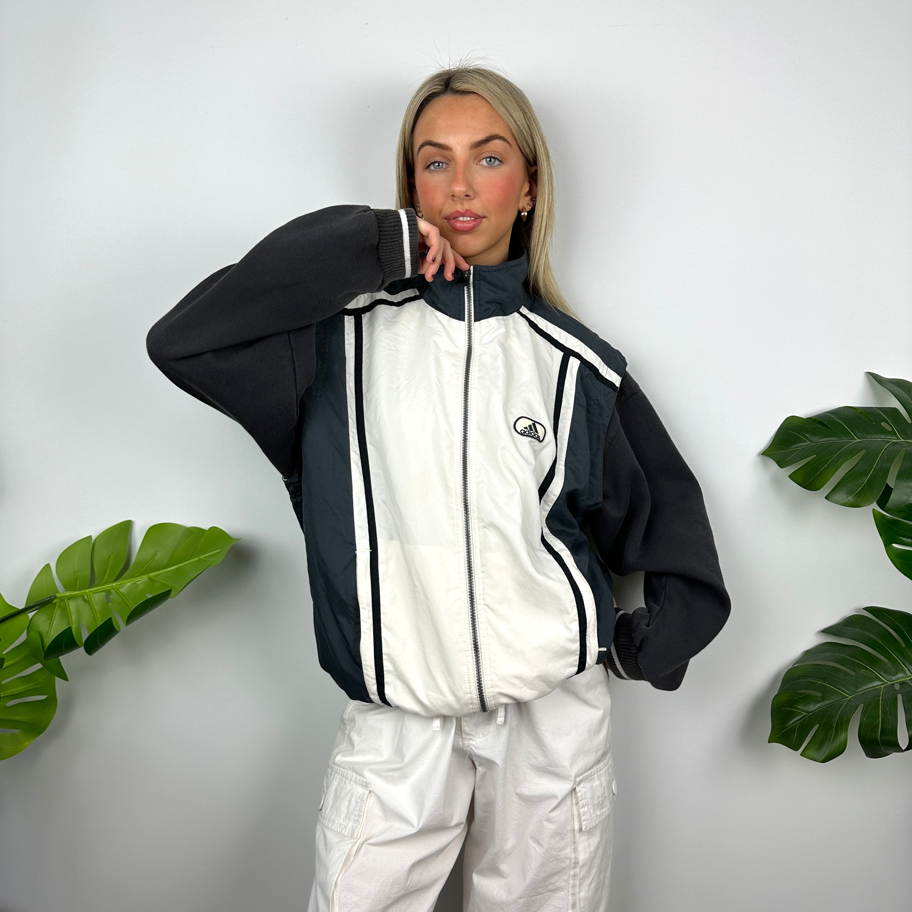 Adidas White & Navy Embroidered Spell Out Zip Up Windbreaker Gilet (M)