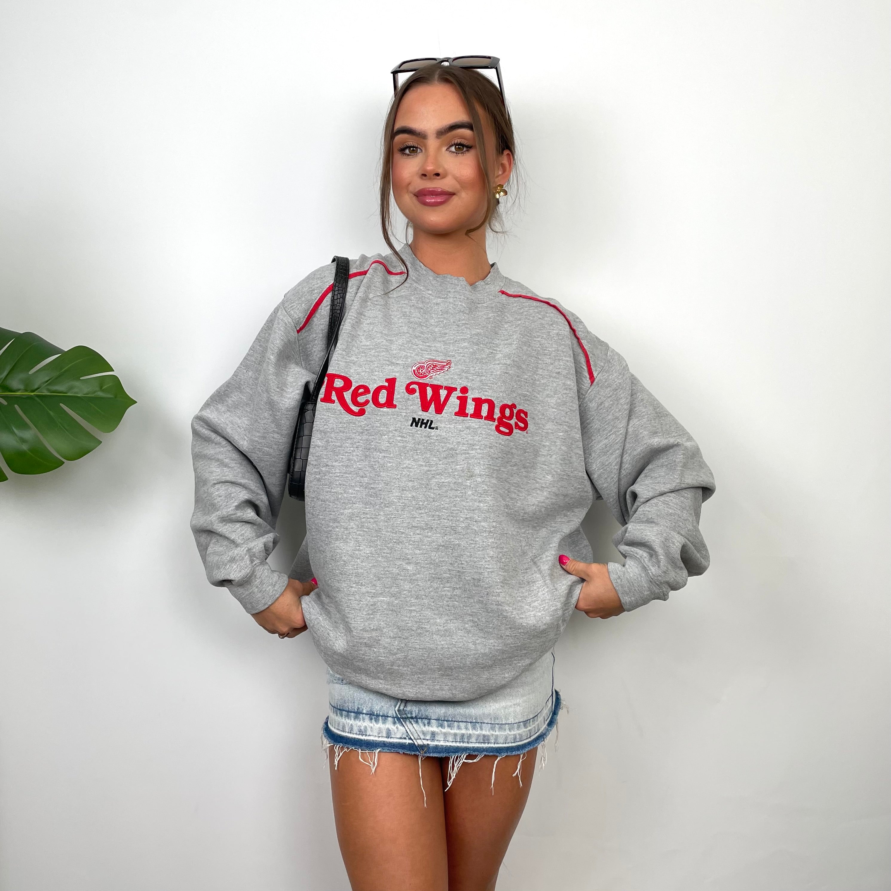 Red Wings NHL Grey Embroidered Spell Out Sweatshirt (L)