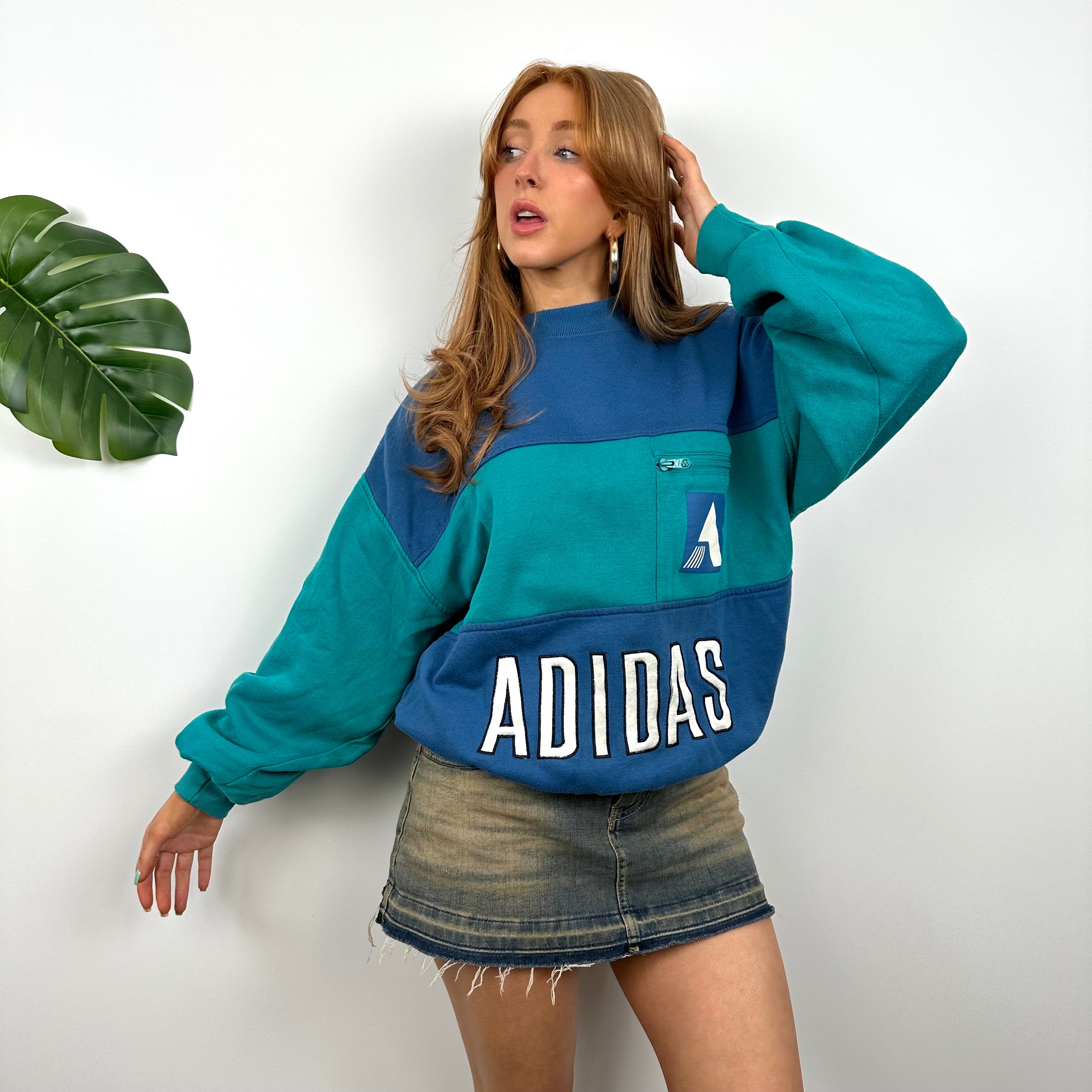 Adidas RARE Blue & Turquoise Blue Colour Block Embroidered Spell Out Sweatshirt (S)