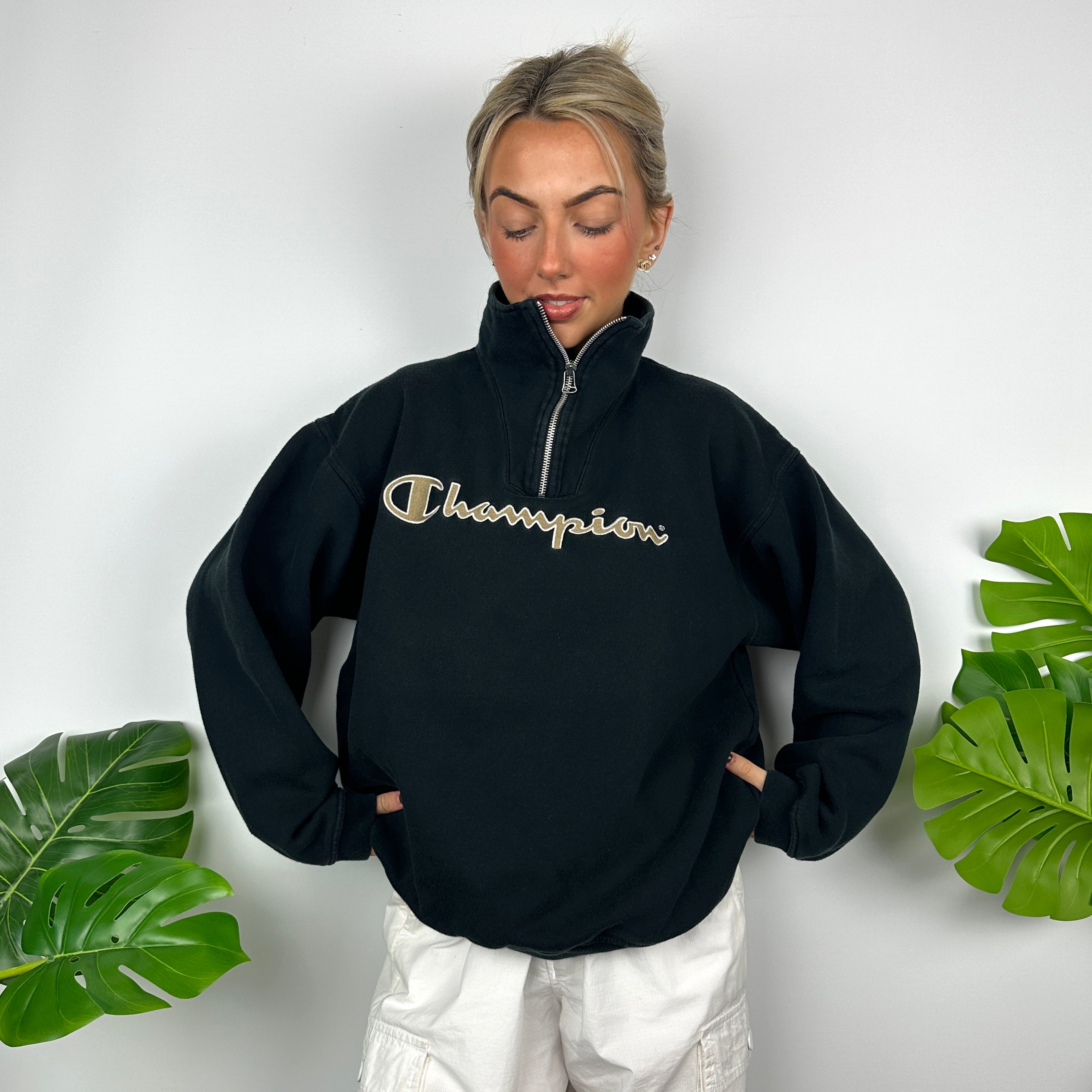 Champion Black Embroidered Spell Out Quarter Zip Sweatshirt (L)