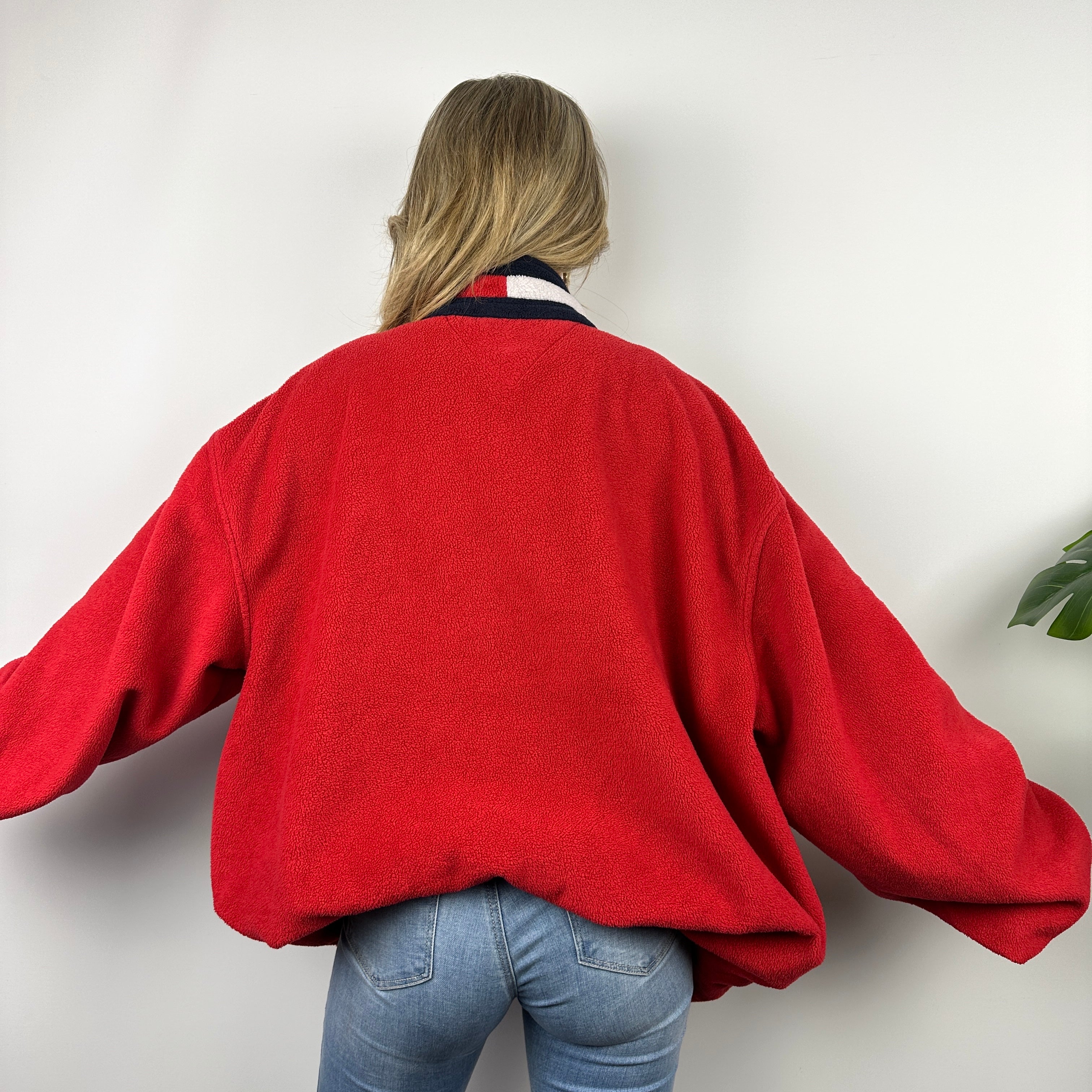 Tommy Hilfiger Red Embroidered Spell Out Teddy Bear Fleece Quarter Zip Sweatshirt (XXL)