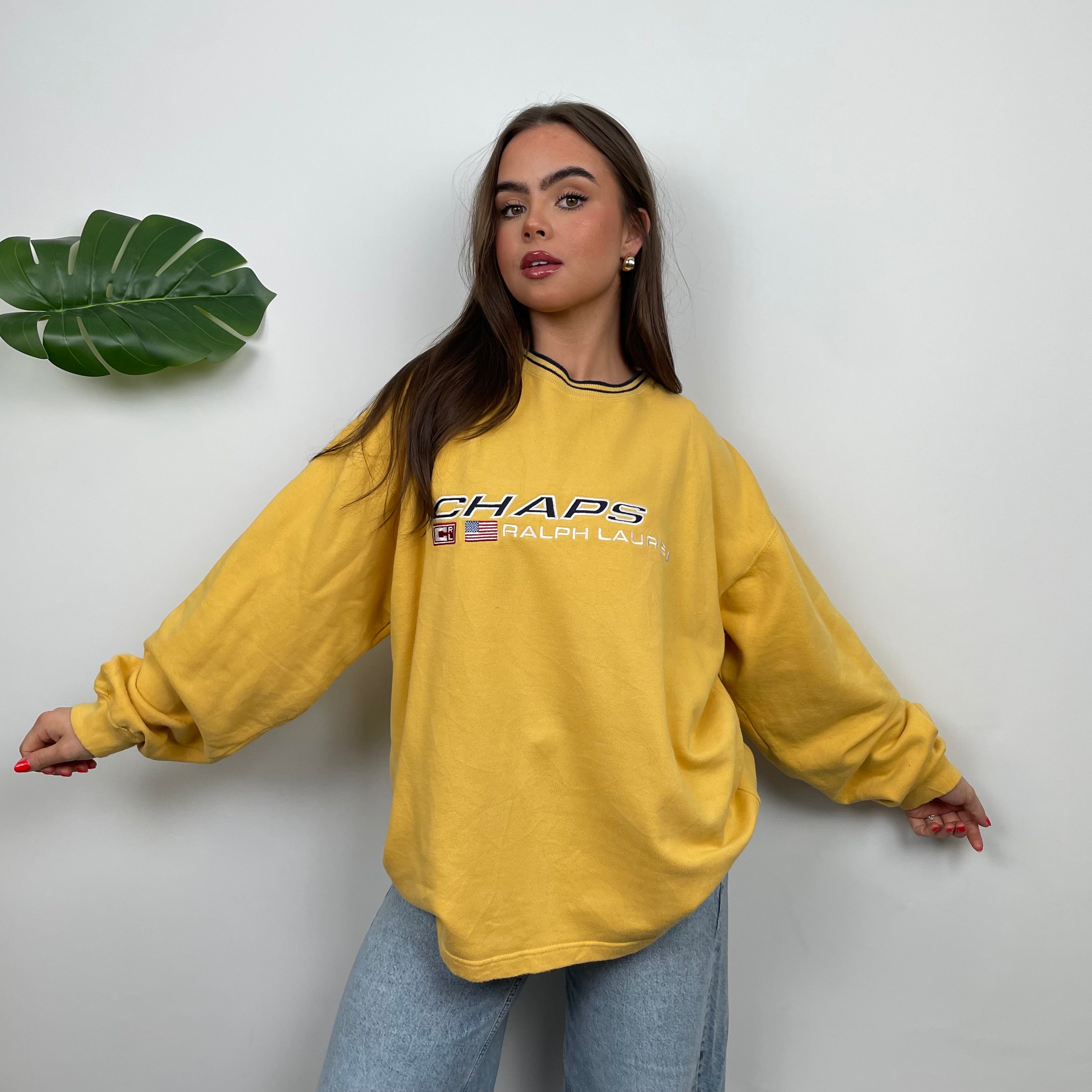 Chaps Ralph Lauren RARE Yellow Embroidered Spell Out Sweatshirt (L)