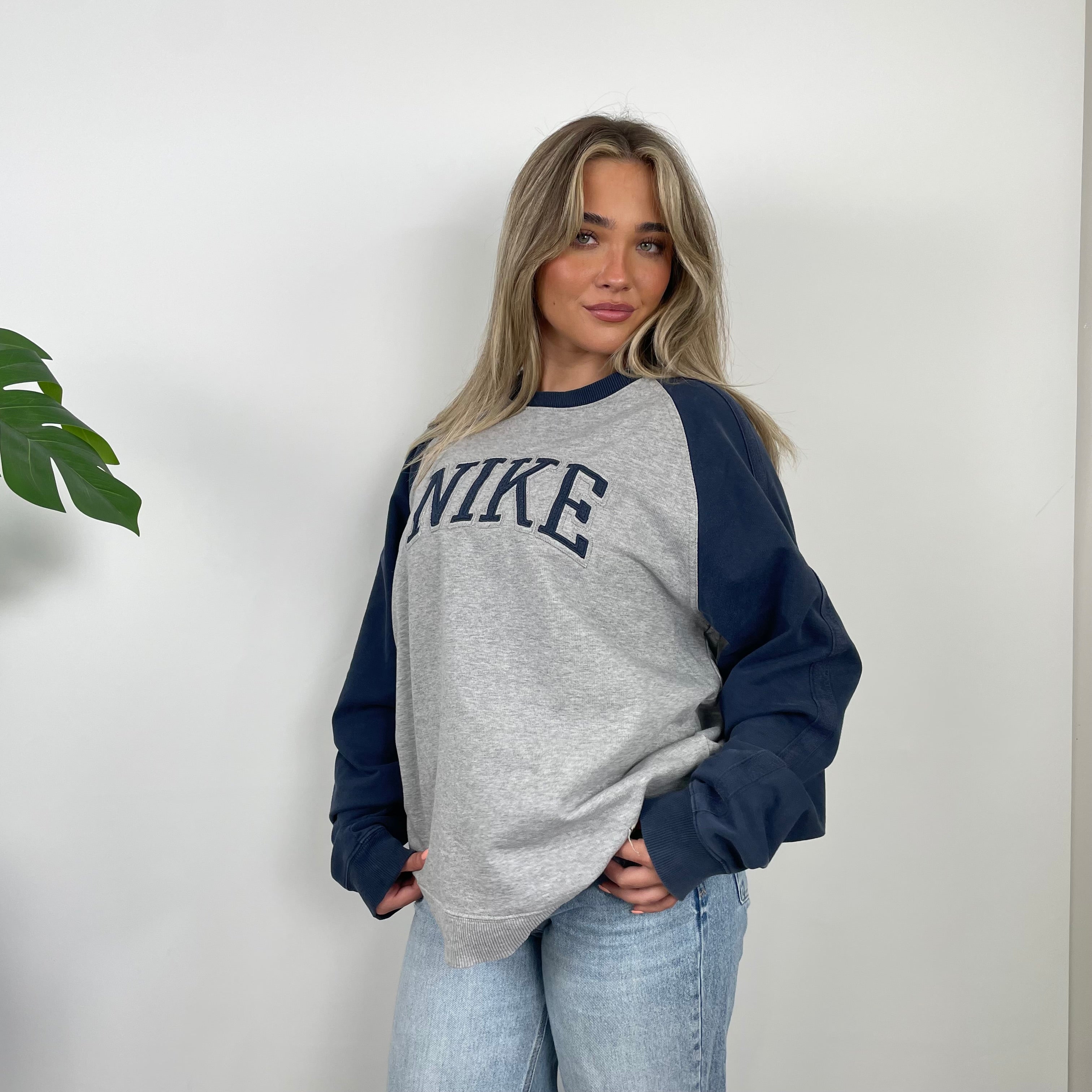 Nike Grey and Navy Embroidered Spell Out Sweatshirt (L)